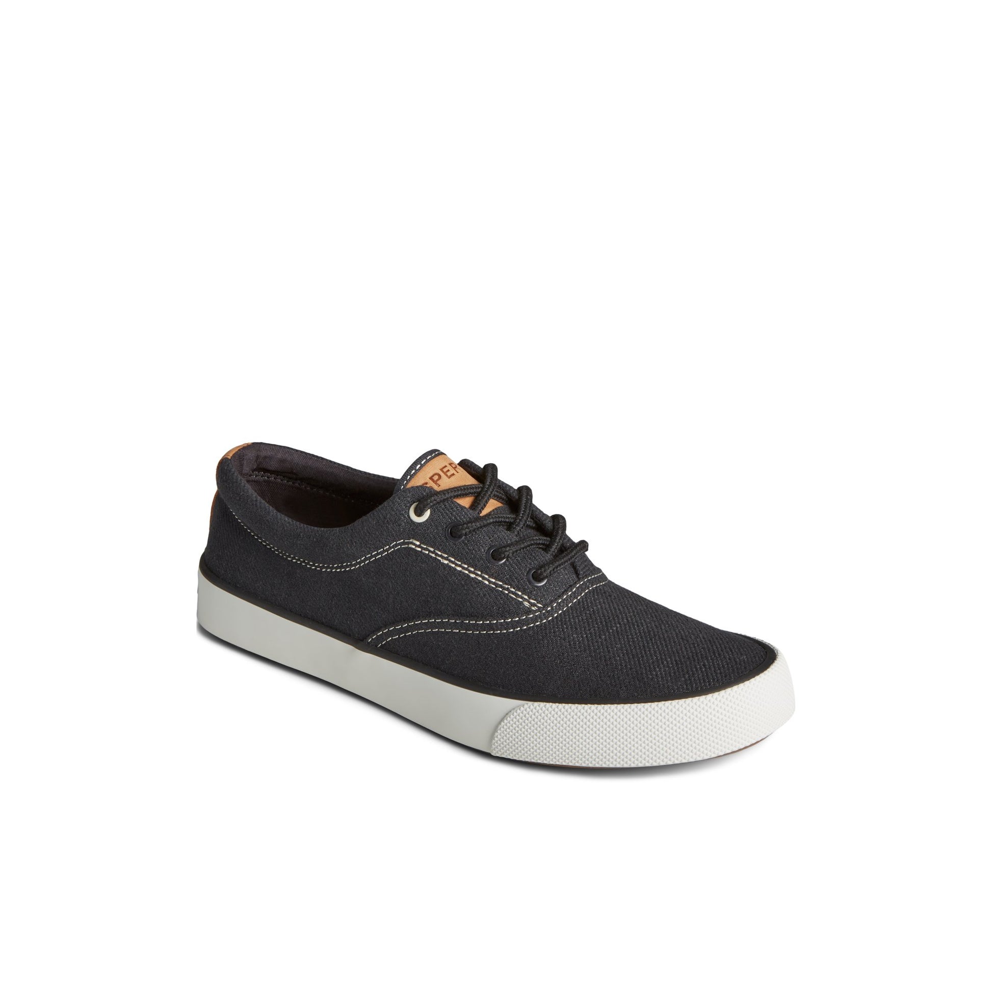 Three-quarter angle of Black Striper II Slub Linen Sneaker Vulcanized Sneaker's front side