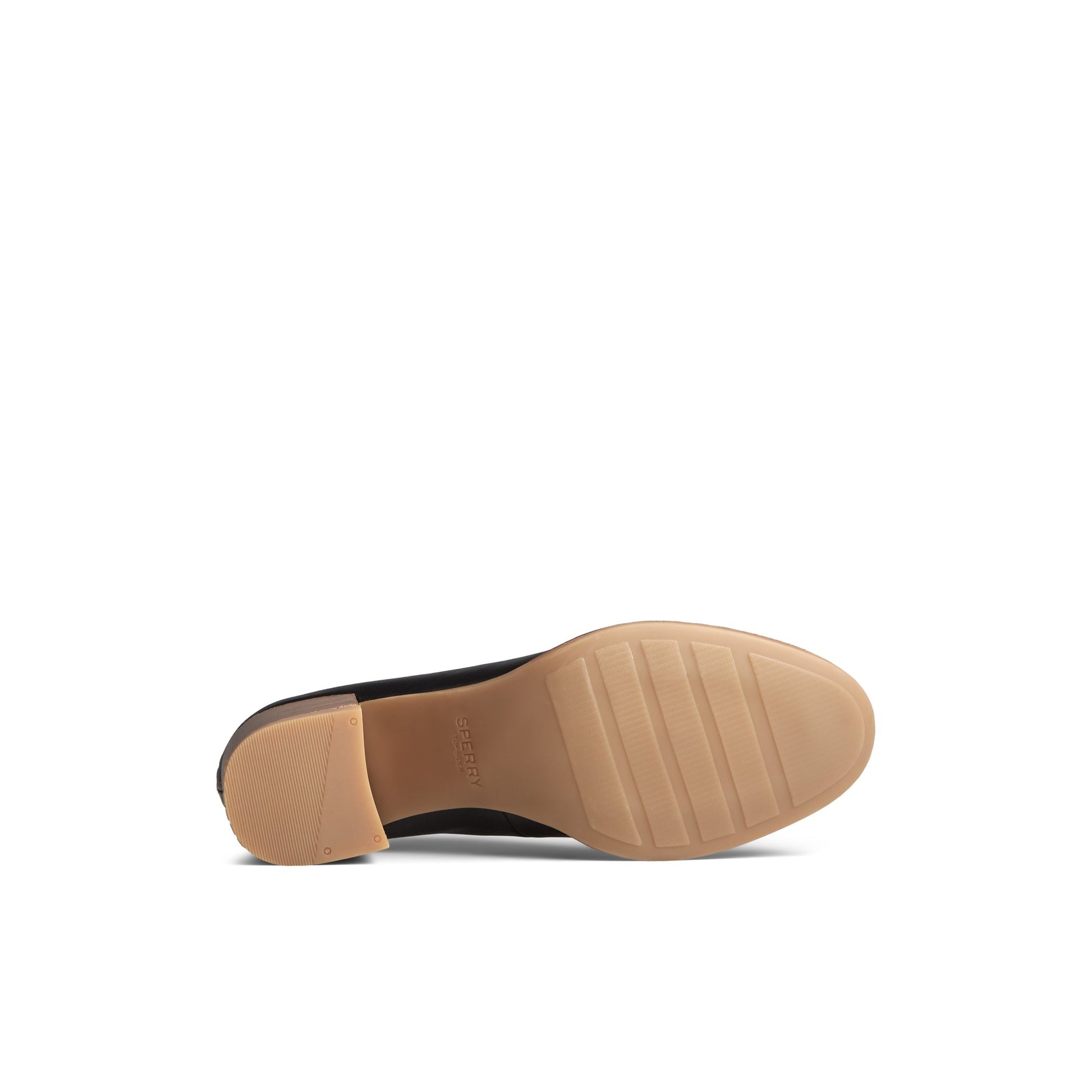 View of Black Seaport Penny Heel Leather Loafer Penny Loafer's sole