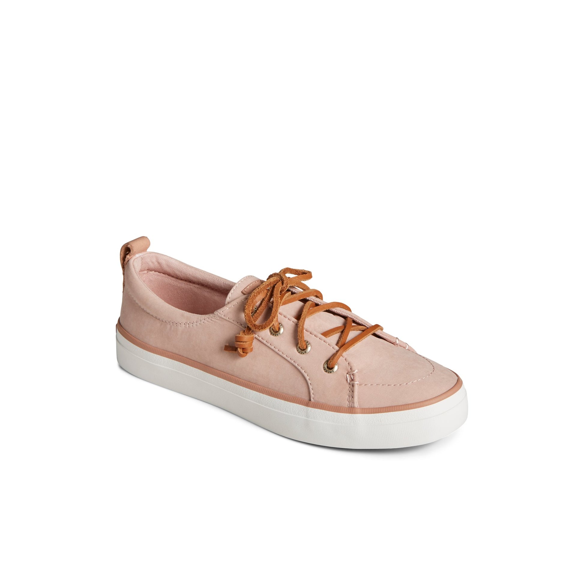 Three-quarter angle of Medium Pink Crest Vibe Sneaker Vulcanized Sneaker's front side