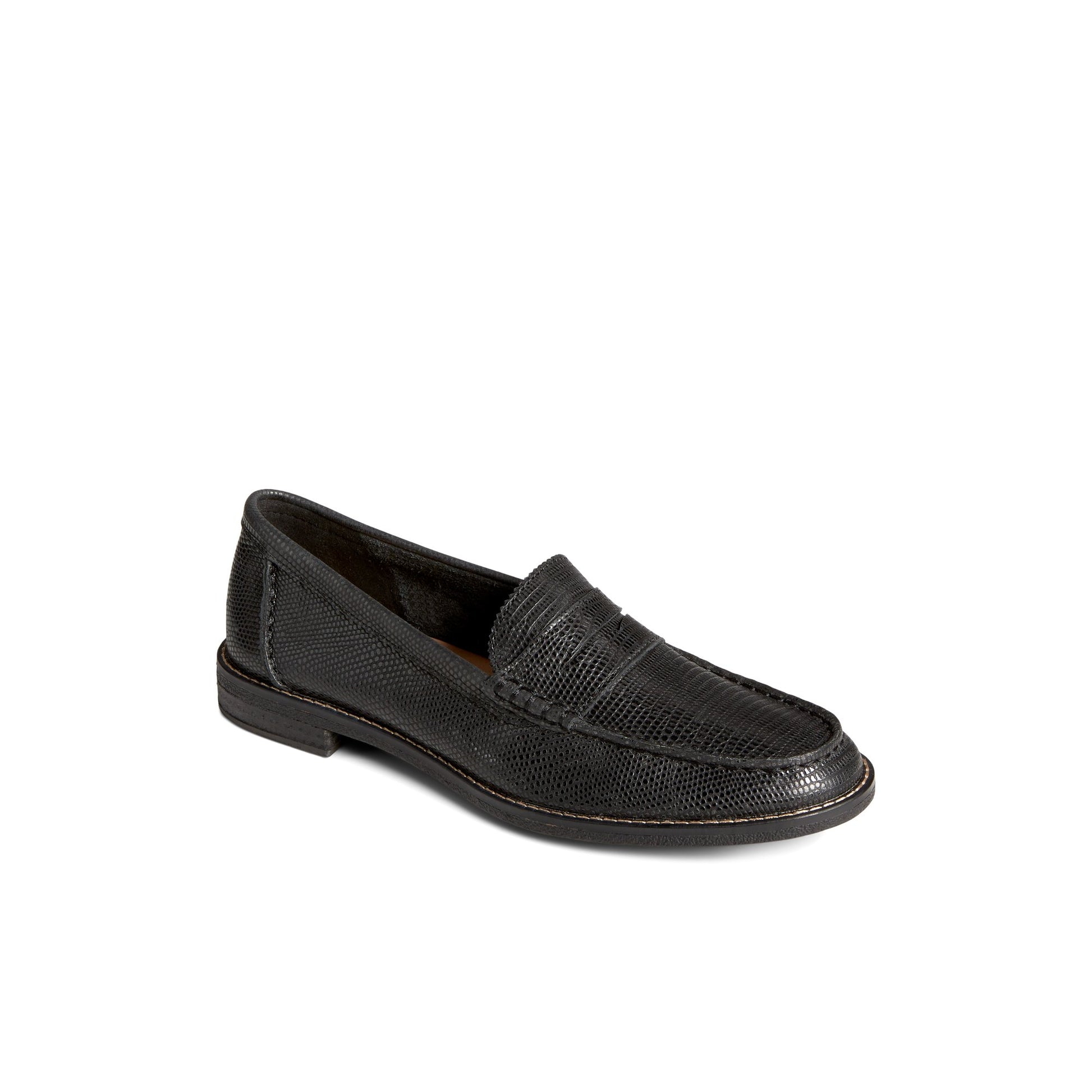 Three-quarter angle of Black Seaport Penny Leather Loafer Penny Loafer's front side
