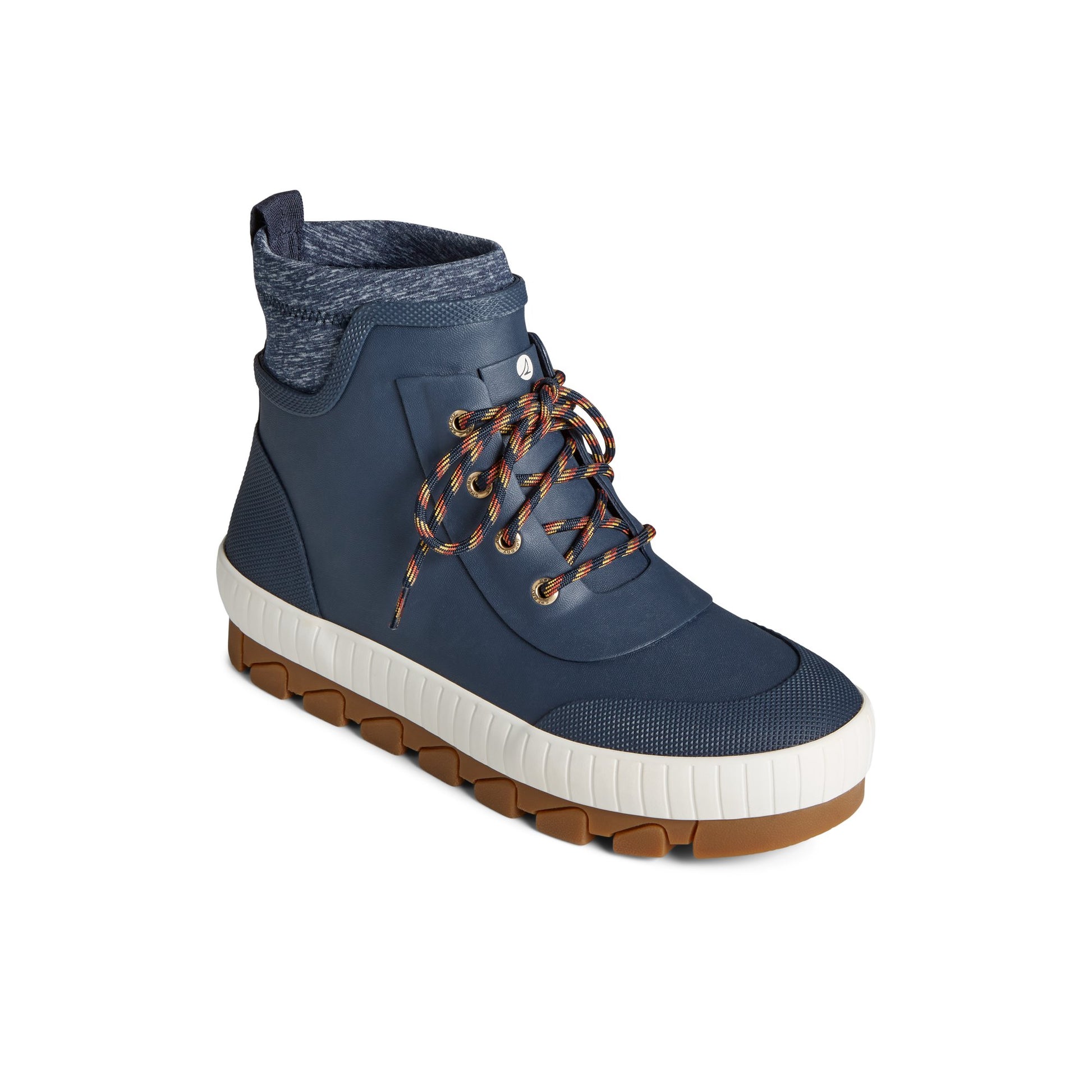 Three-quarter angle of Navy Torrent Rubber Lace Up Boot Chelsea Rain Boot's front side