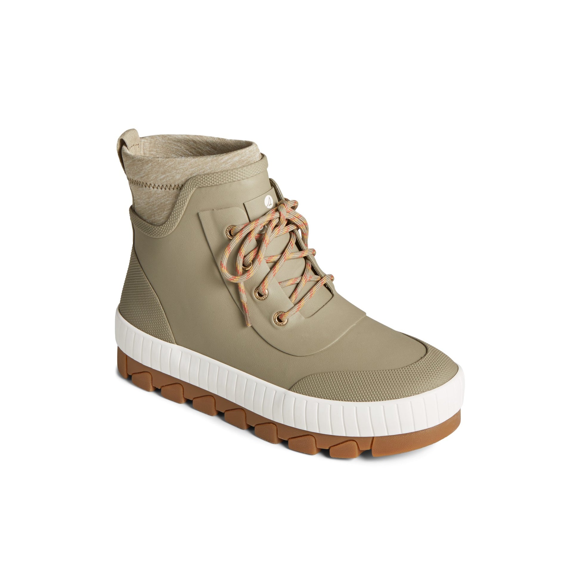 Three-quarter angle of Green Torrent Rubber Lace Up Boot Chelsea Rain Boot's front side