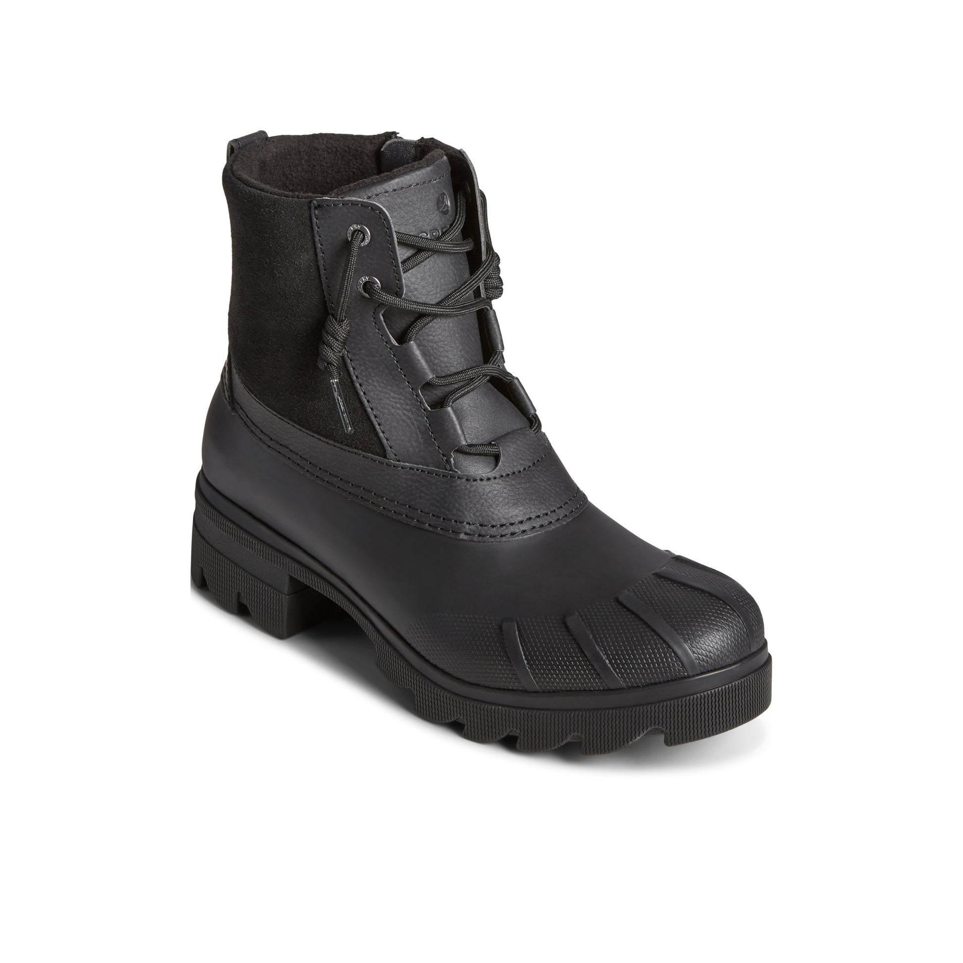 Three-quarter angle of Black Syren Ascend Boot Duck Boots's front side
