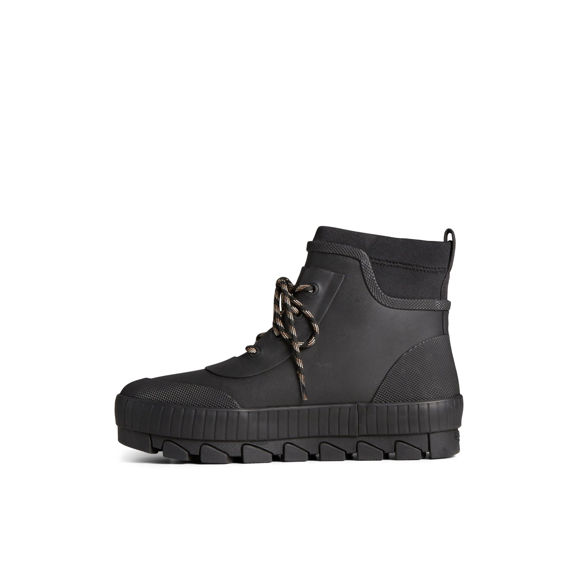 Side view of Black Torrent Rubber Lace Up Boot Chelsea Rain Boot