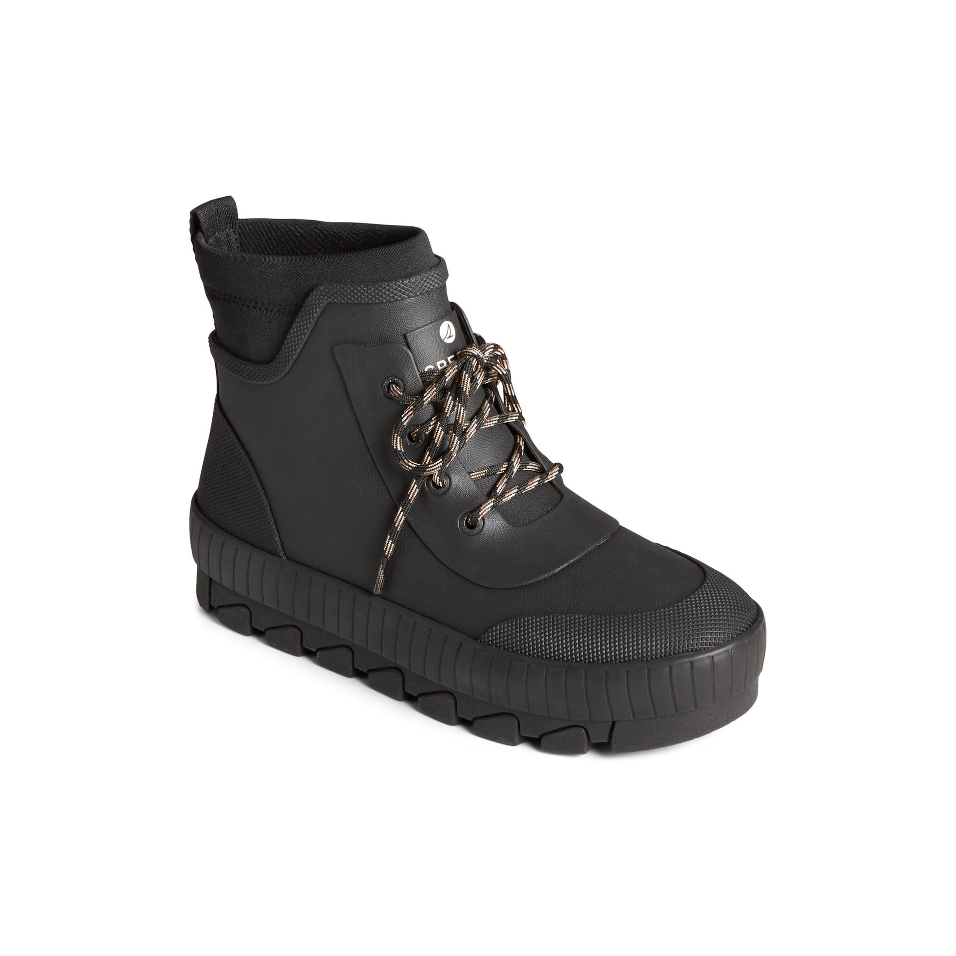 Three-quarter angle of Black Torrent Rubber Lace Up Boot Chelsea Rain Boot's front side