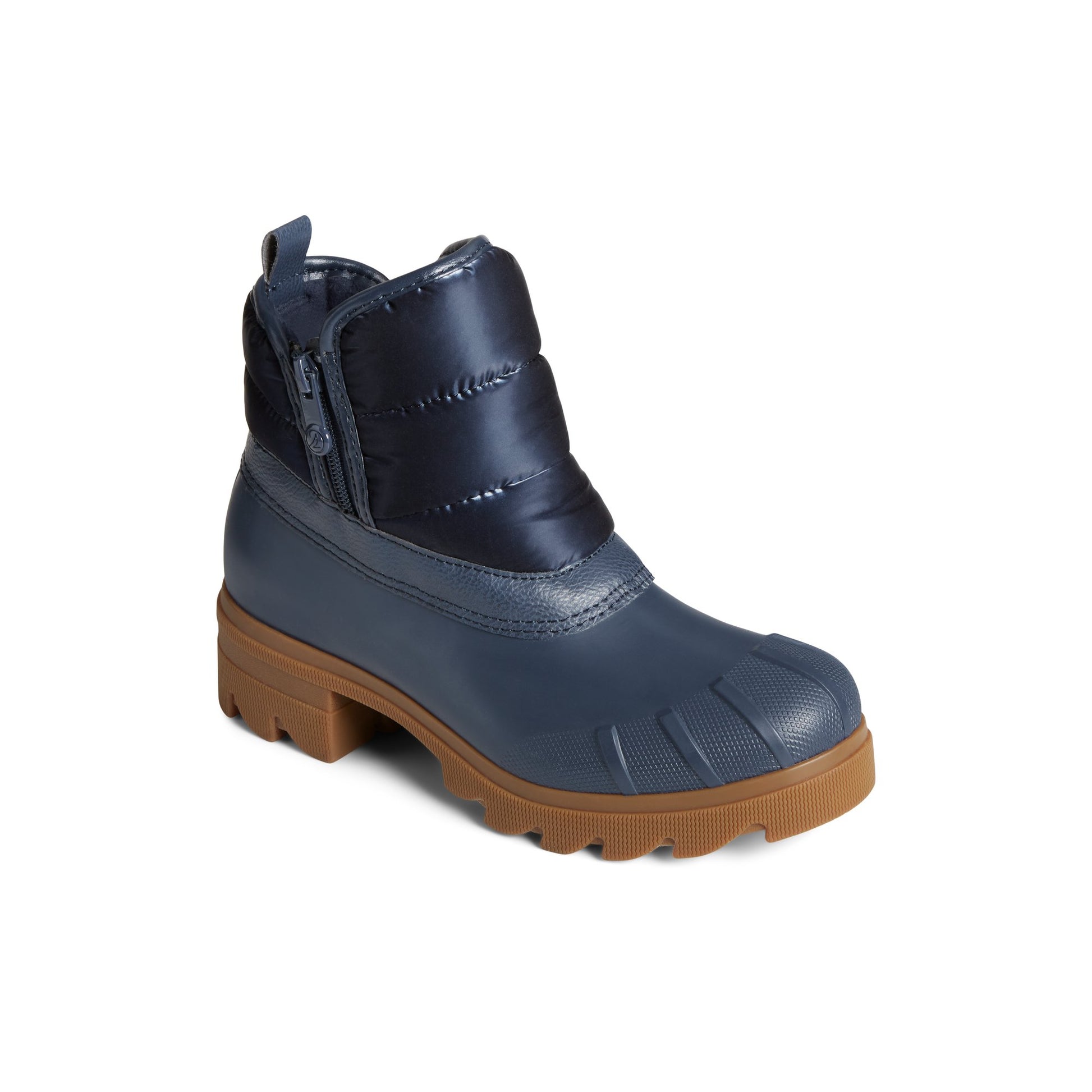 Three-quarter angle of Navy Syren Ascend Zip Boot Duck Boots's front side