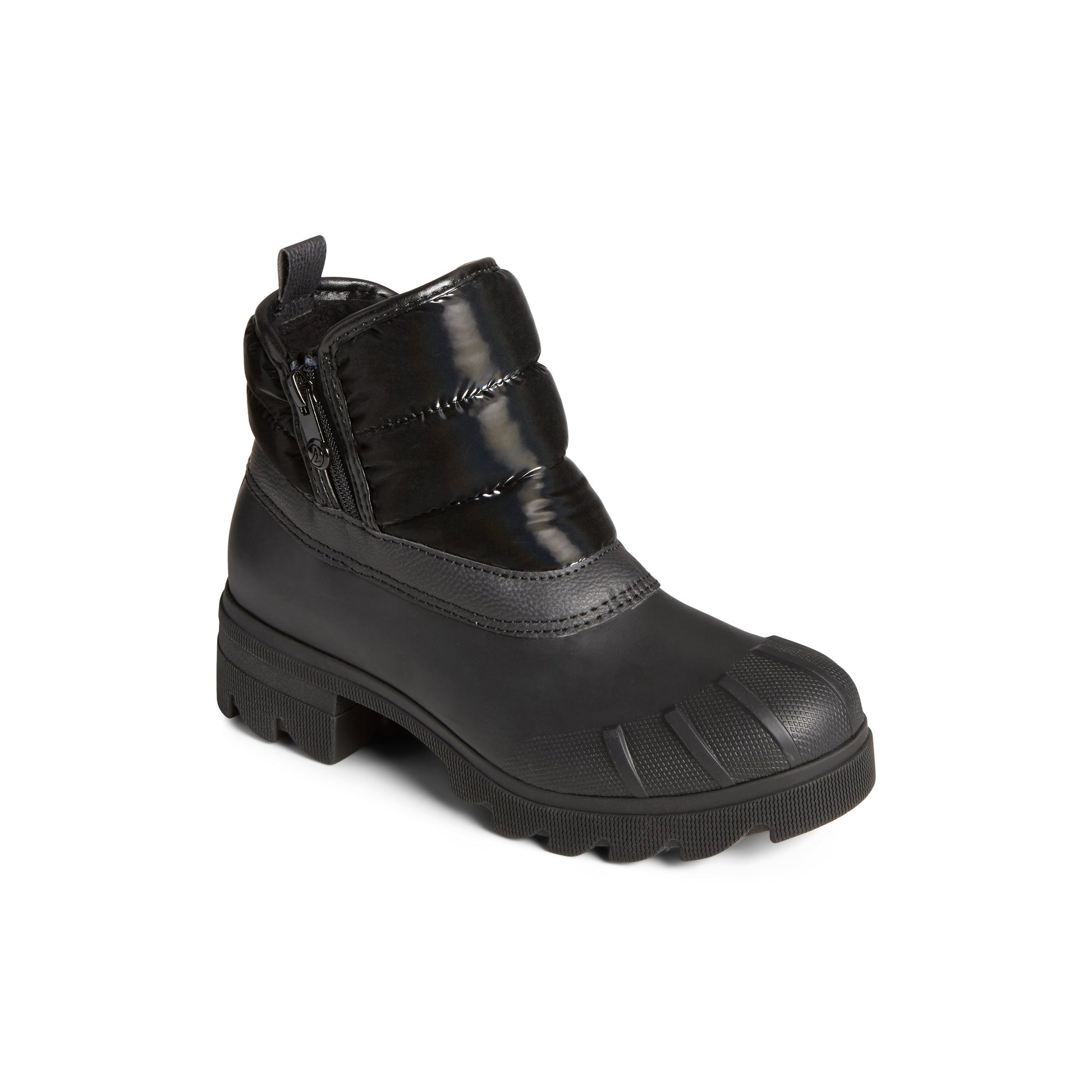 Three-quarter angle of Black Syren Ascend Zip Boot Duck Boots's front side