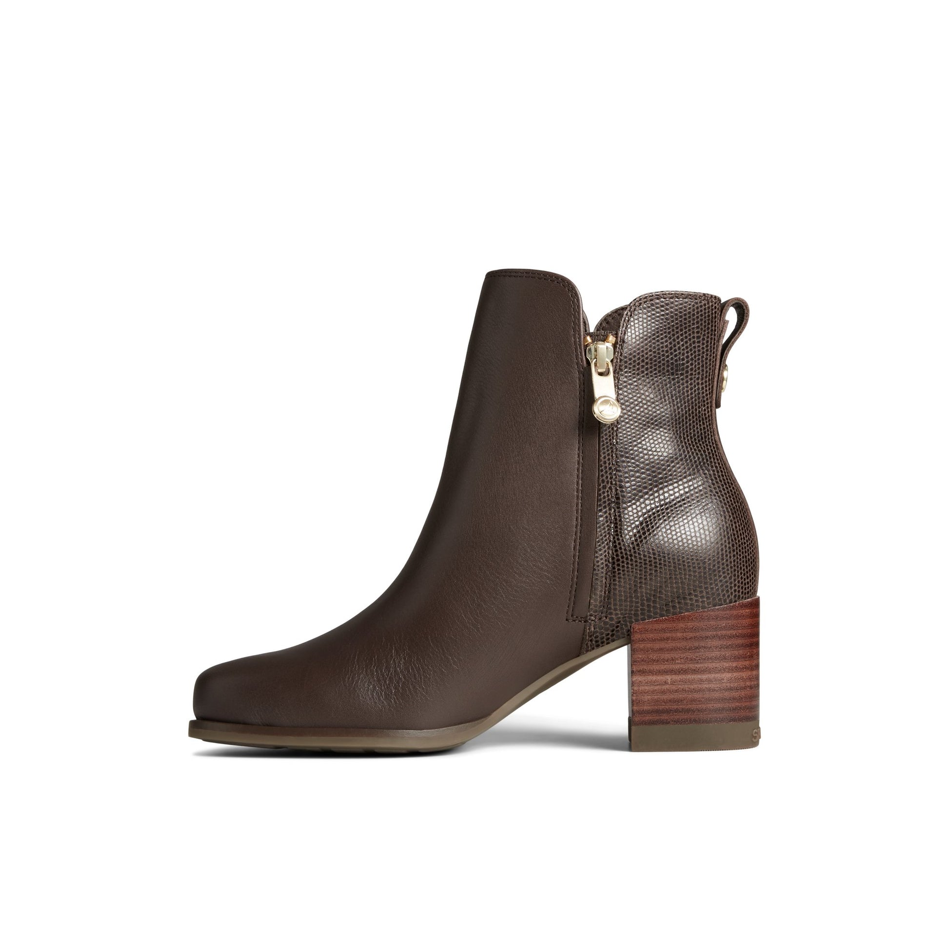 Side view of Dark Brown Seaport Heel Leather Boot Ankle Booties
