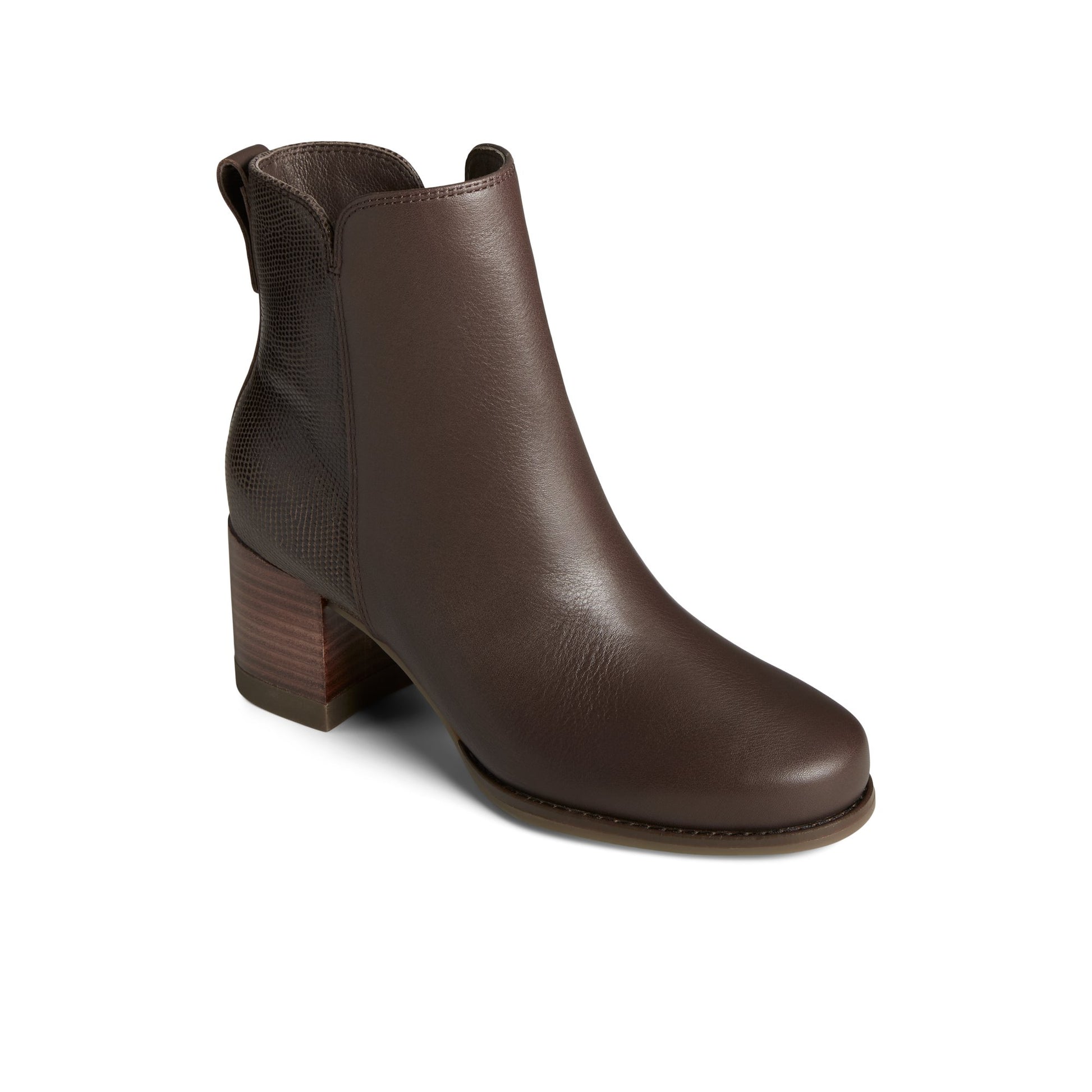 Three-quarter angle of Dark Brown Seaport Heel Leather Boot Ankle Booties's front side