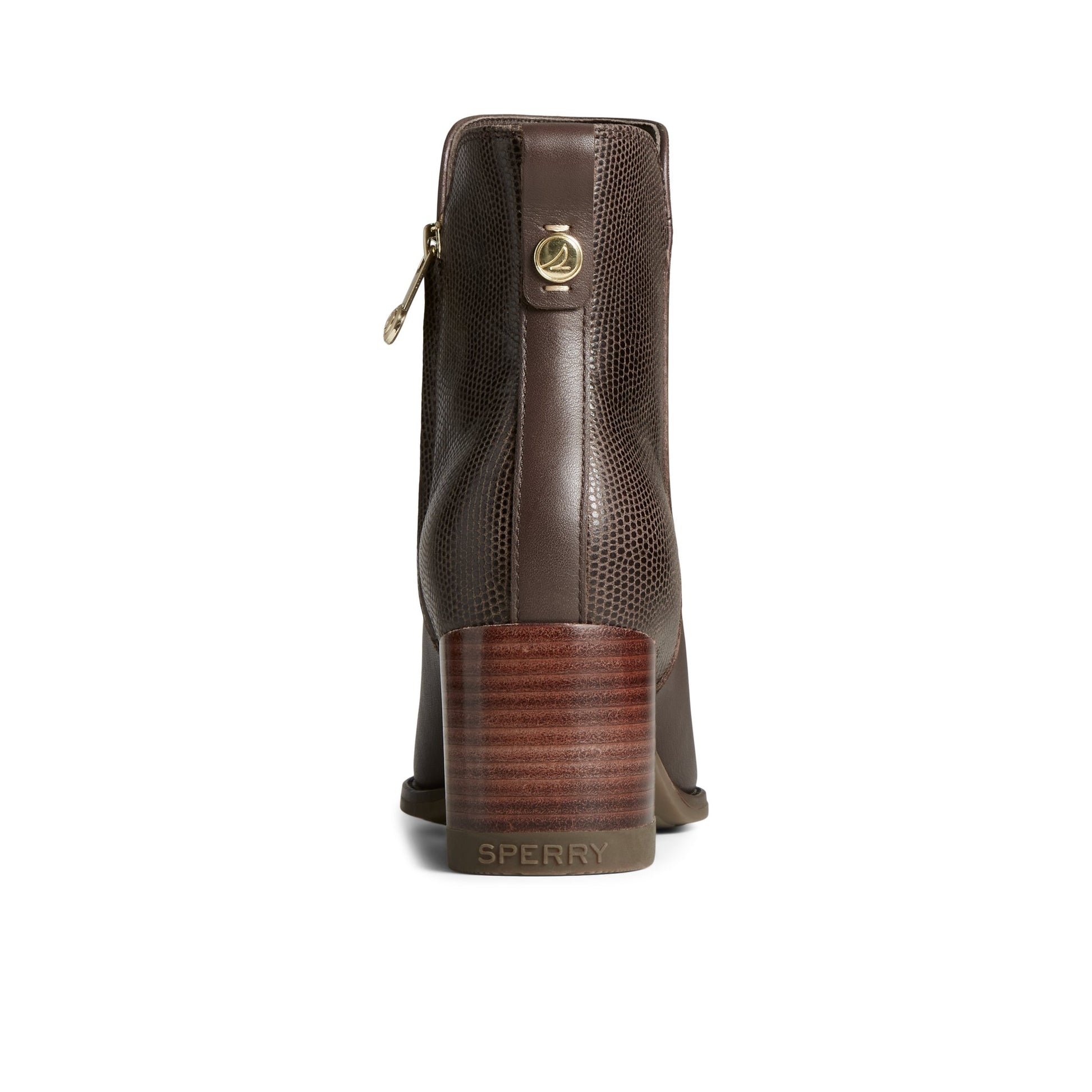 Close-up of the Dark Brown Seaport Heel Leather Boot Ankle Booties