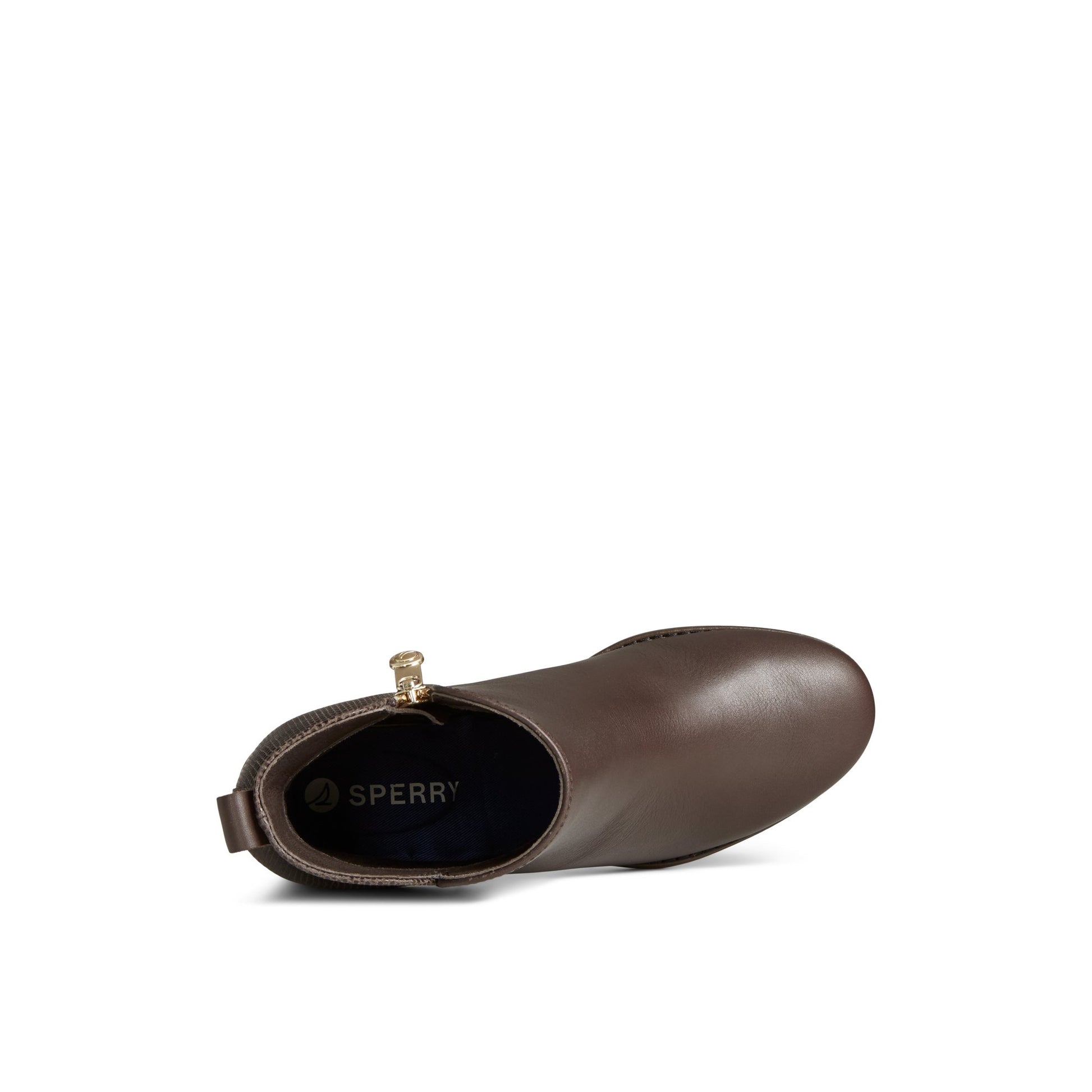 Top-down view of the Dark Brown Seaport Heel Leather Boot Ankle Booties