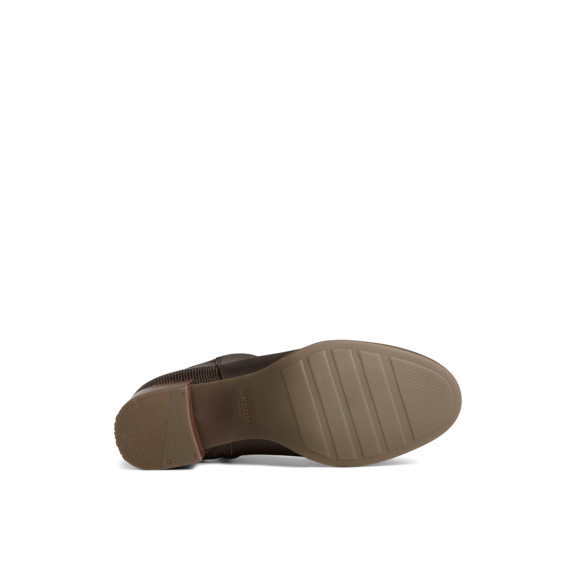View of Dark Brown Seaport Heel Leather Boot Ankle Booties's sole