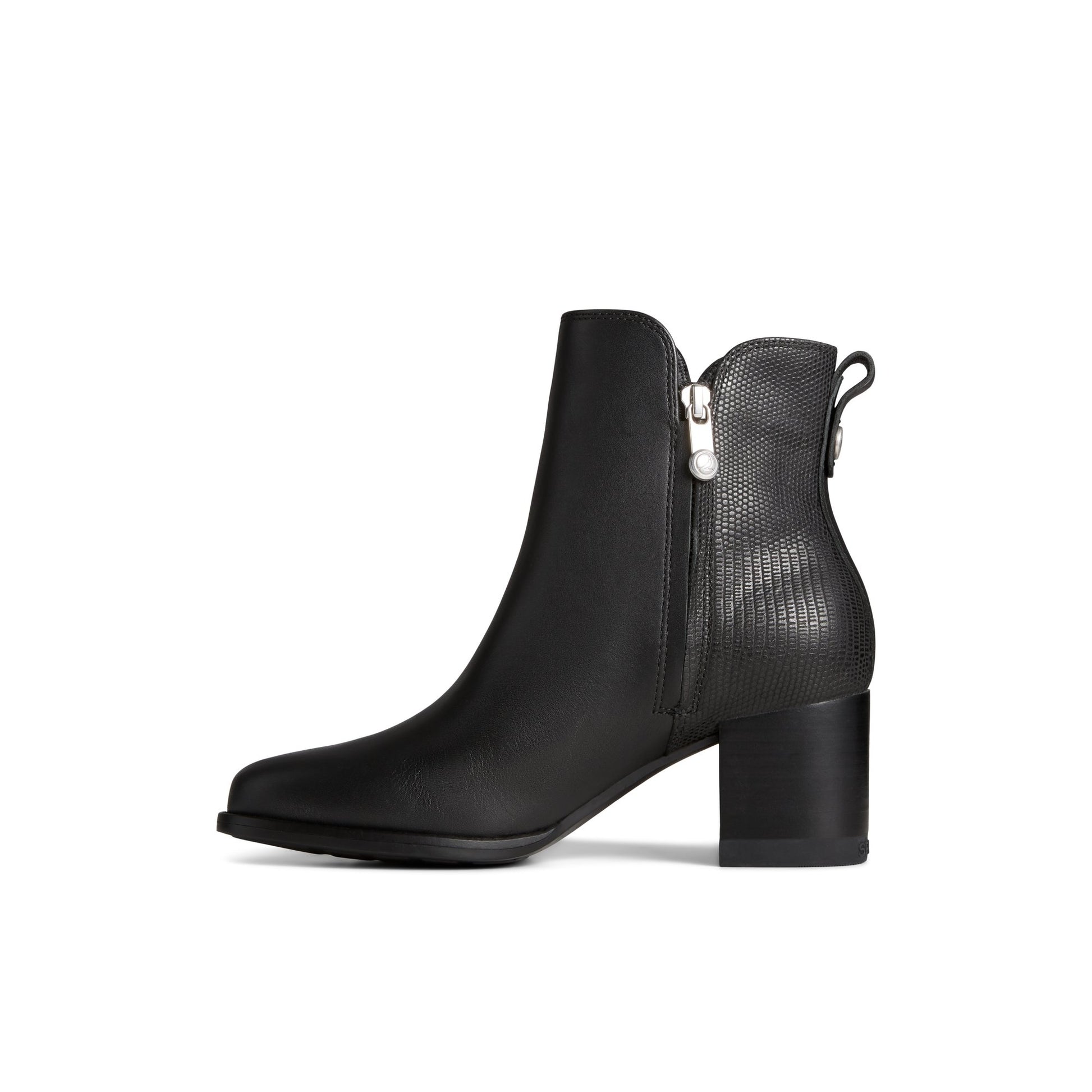 Side view of Black Seaport Heel Leather Boot Ankle Booties