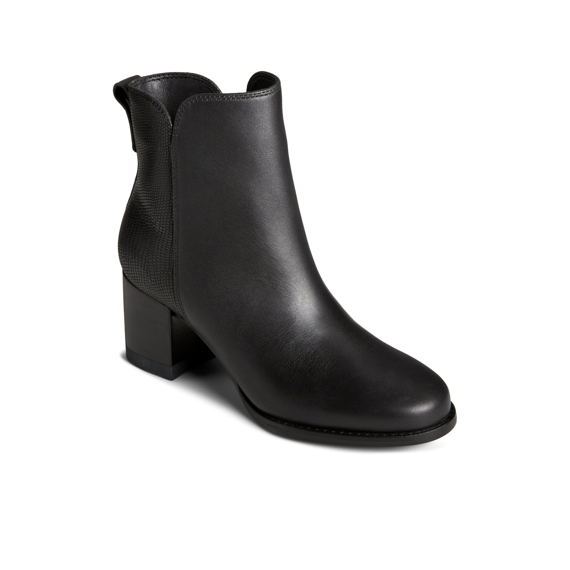 Three-quarter angle of Black Seaport Heel Leather Boot Ankle Booties's front side