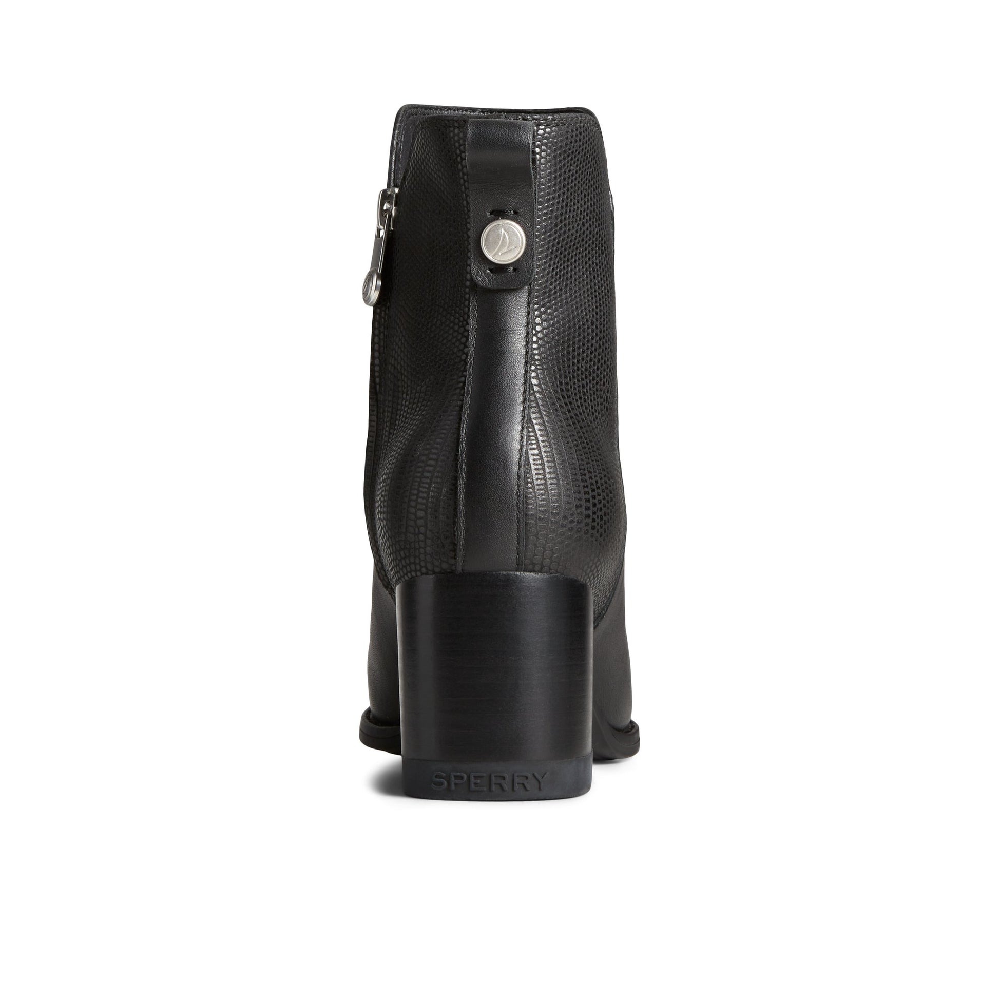 Close-up of the Black Seaport Heel Leather Boot Ankle Booties