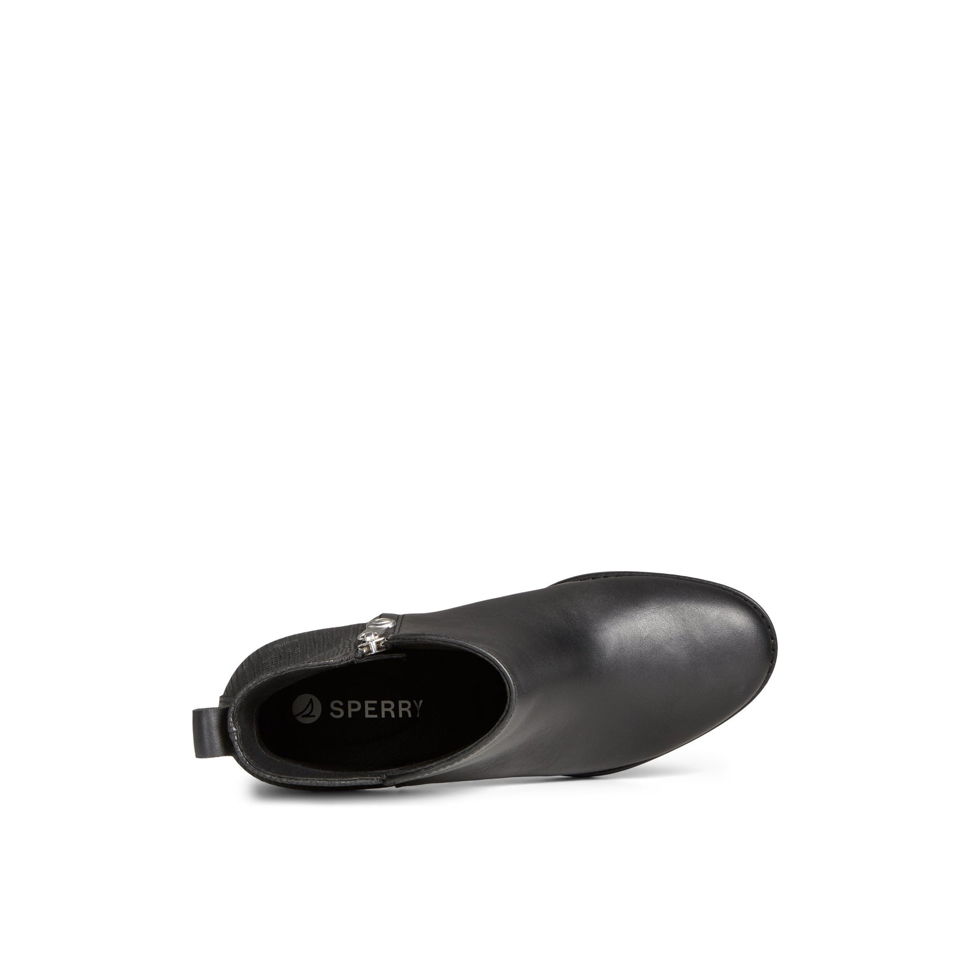 Top-down view of the Black Seaport Heel Leather Boot Ankle Booties