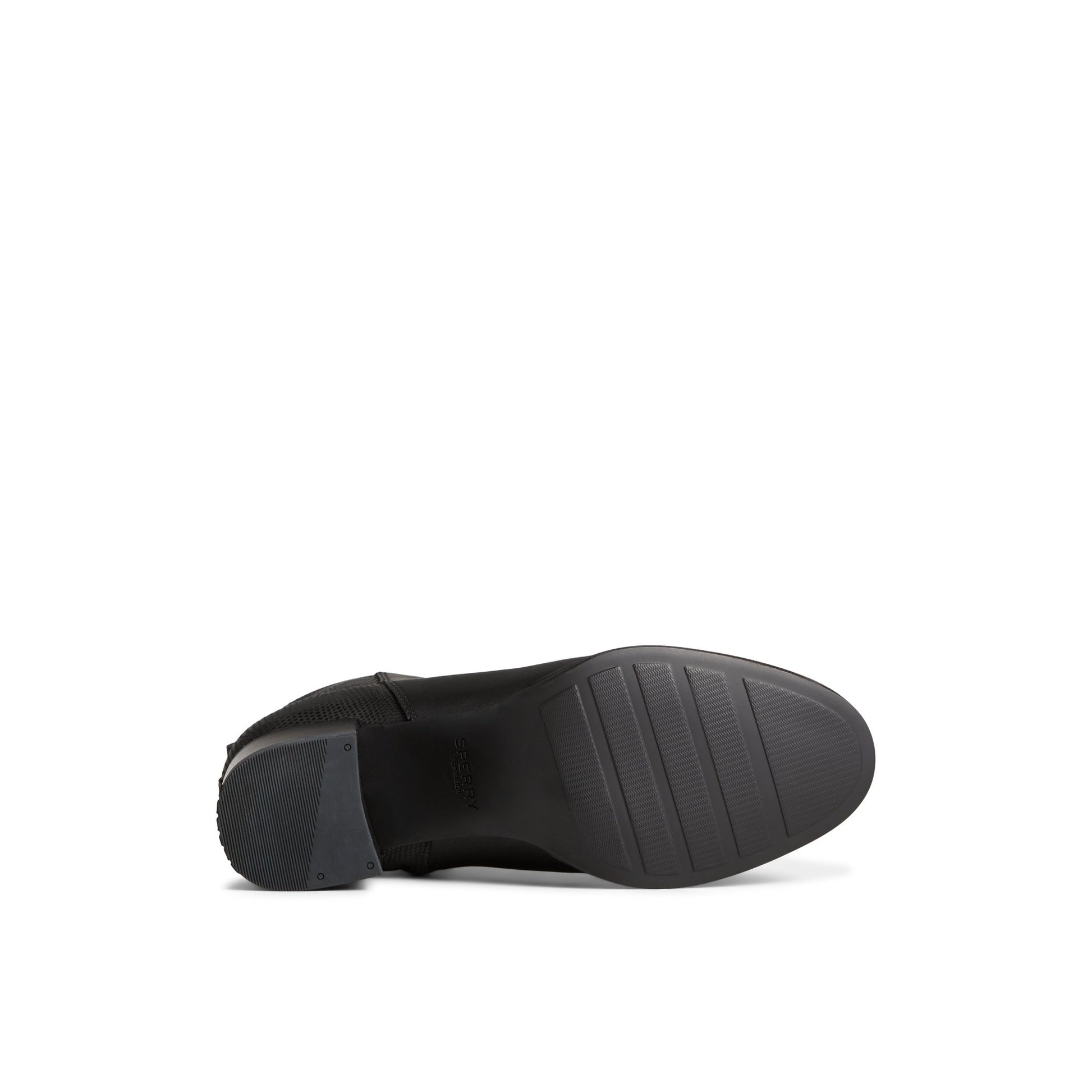 View of Black Seaport Heel Leather Boot Ankle Booties's sole