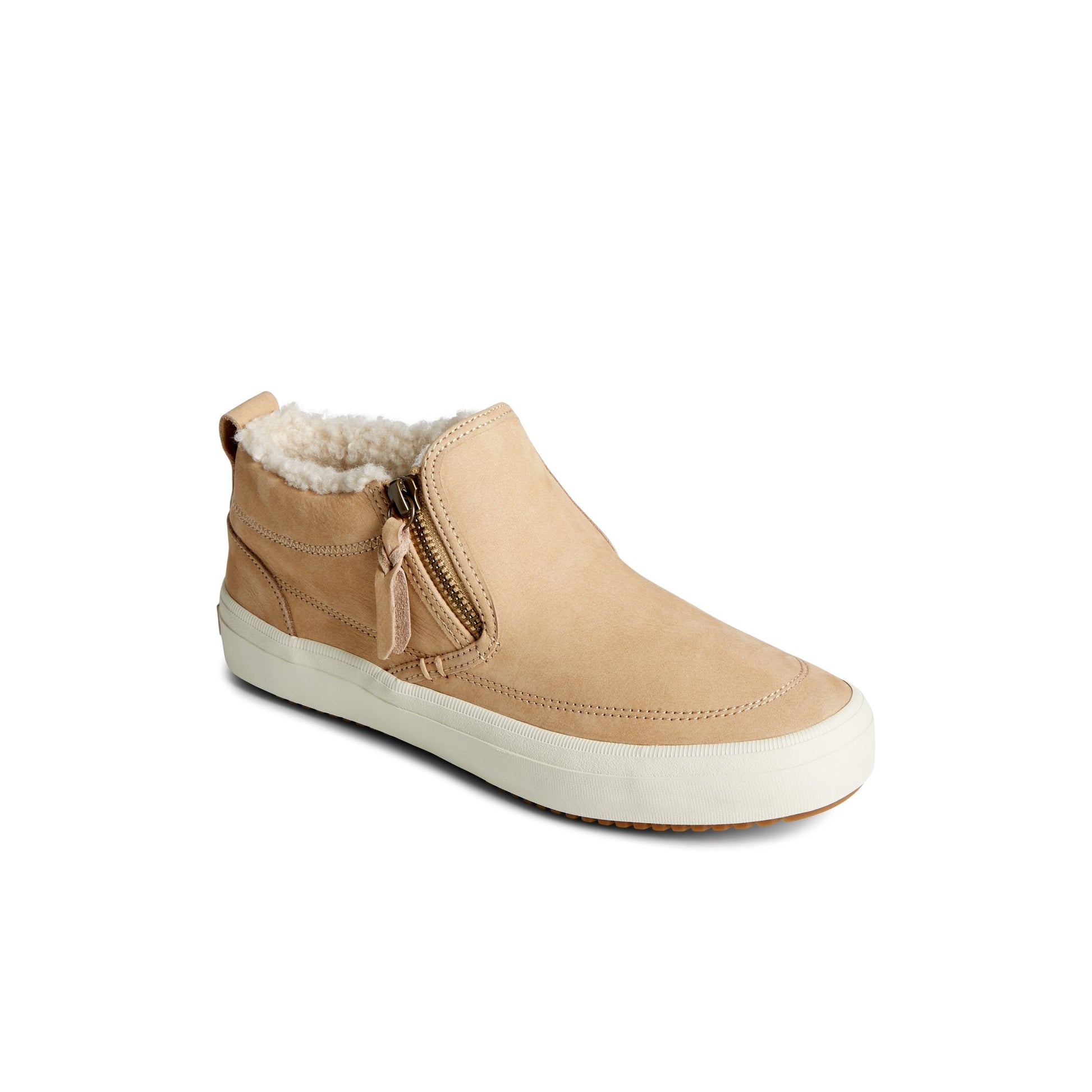 Three-quarter angle of Khaki Crest Side Zip Cozy Sneaker Sneaker Boots's front side