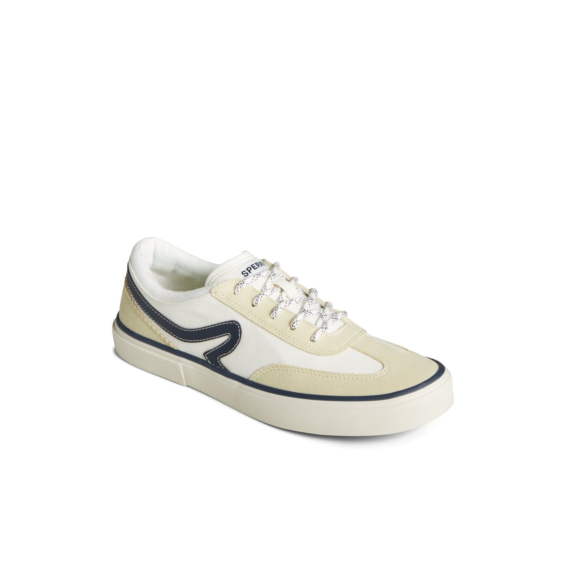 Three-quarter angle of White Overflow Crossjack Sneaker Vulcanized Sneaker's front side