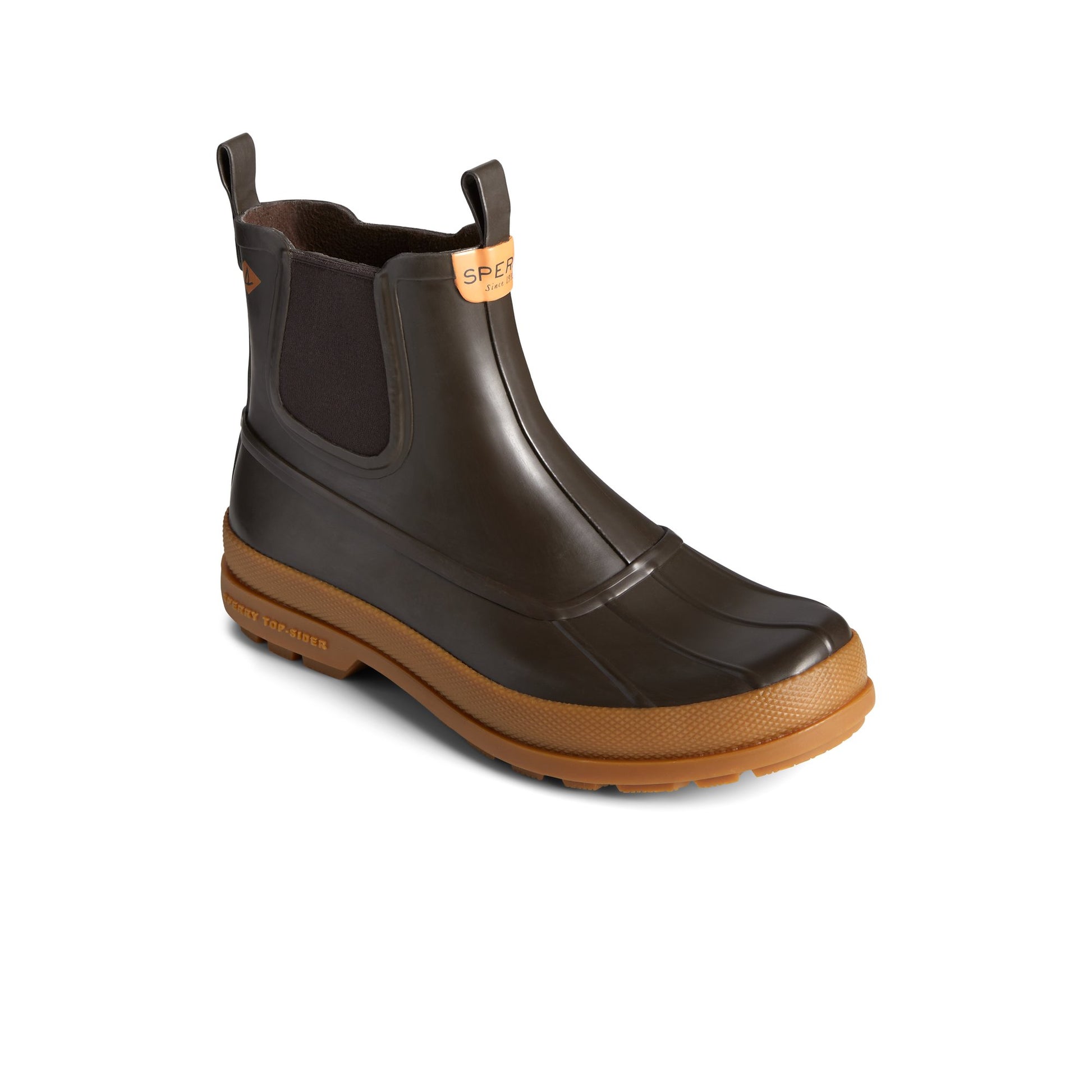 Three-quarter angle of Brown Cold Bay Rubber Chelsea Boot Chelsea Rain Boot's front side