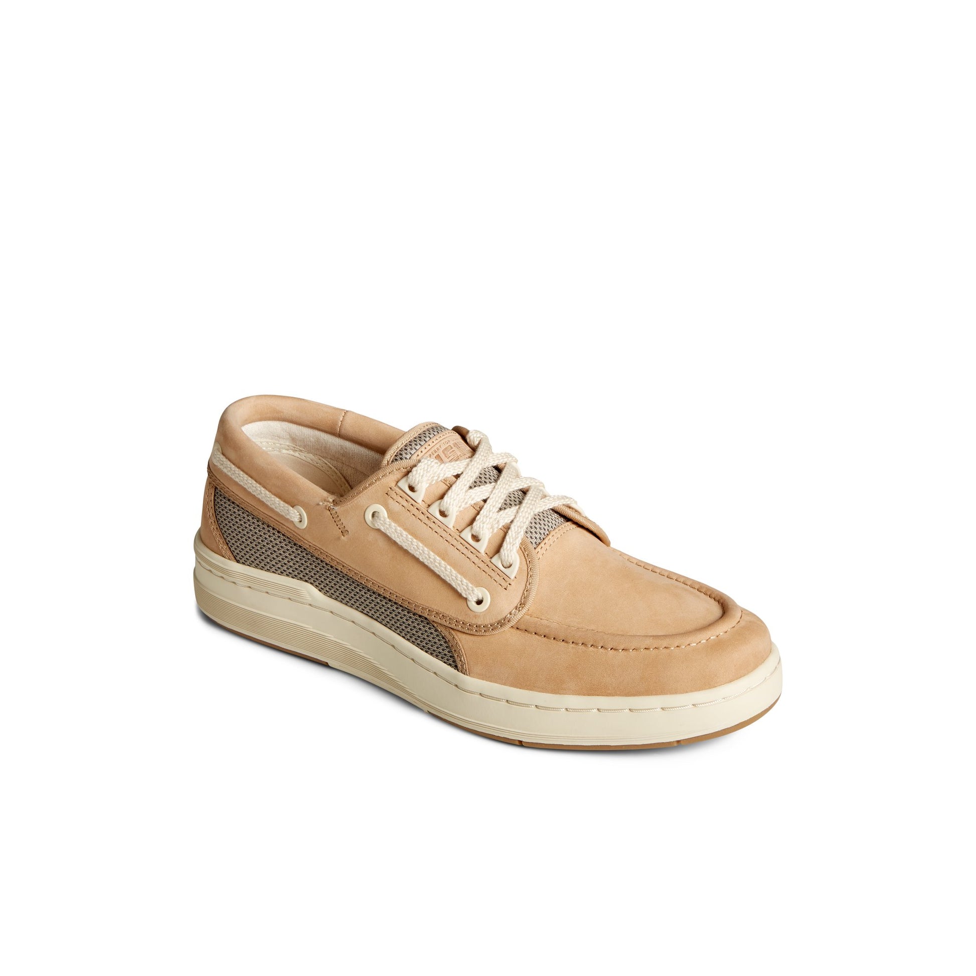 Three-quarter angle of Natural US12 Boat Shoe Vulcanized Boat Shoe Sneaker's front side