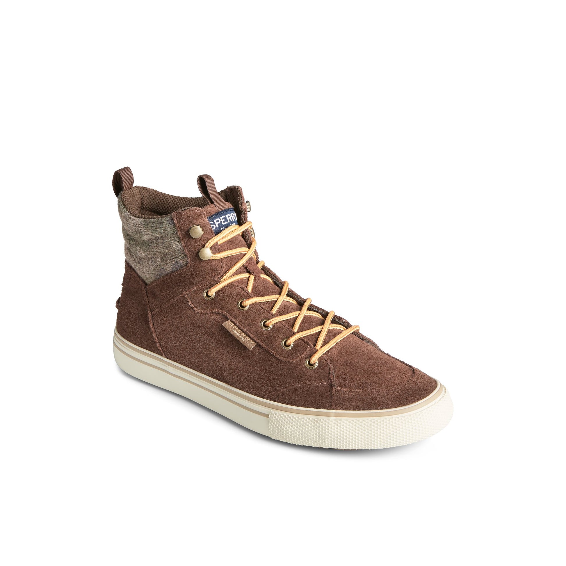 Three-quarter angle of Brown Striper Storm Hiker Waterproof Sneaker Boot High Top Sneakers's front side