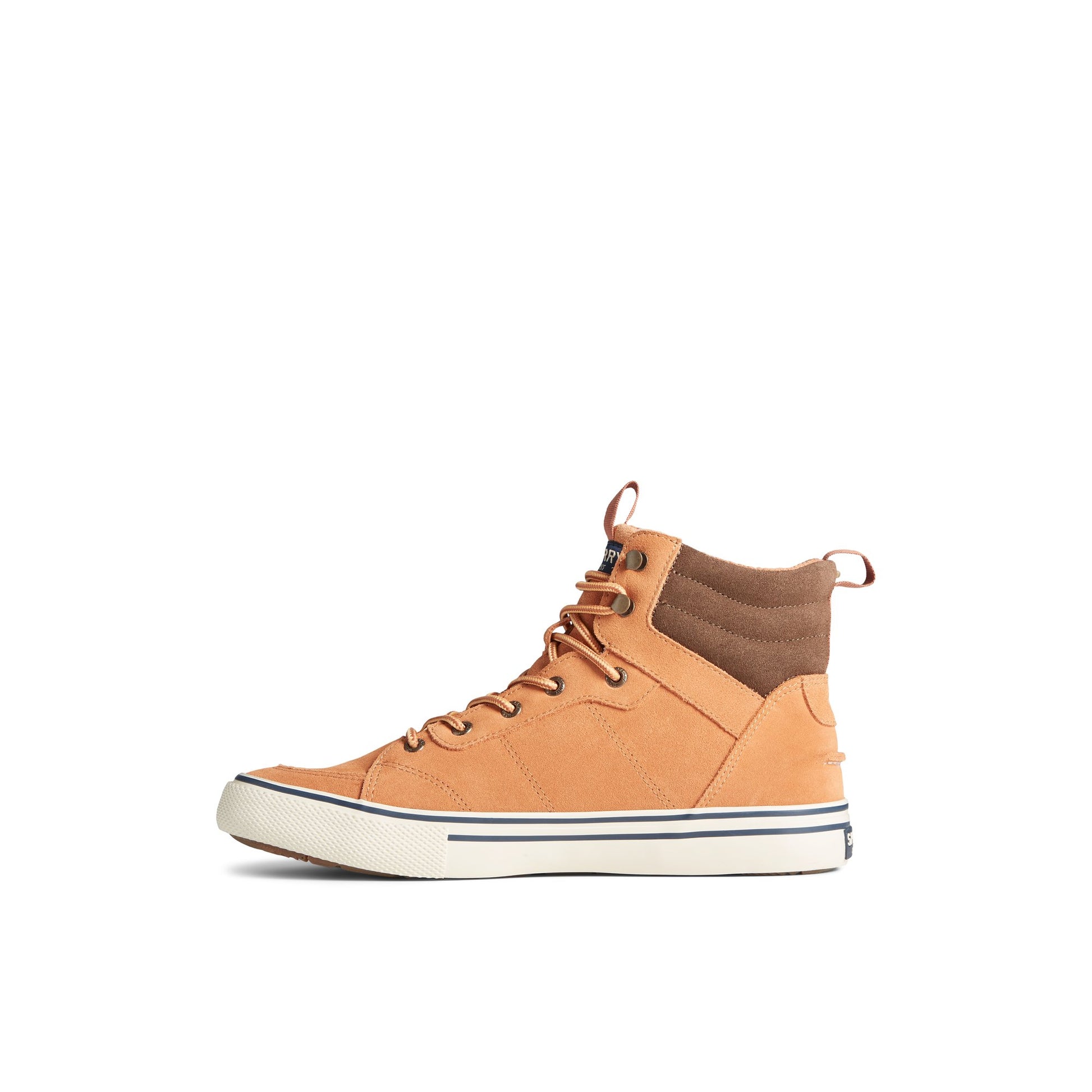 Side view of Medium Beige Striper Storm Hiker Waterproof Sneaker Boot High Top Sneakers