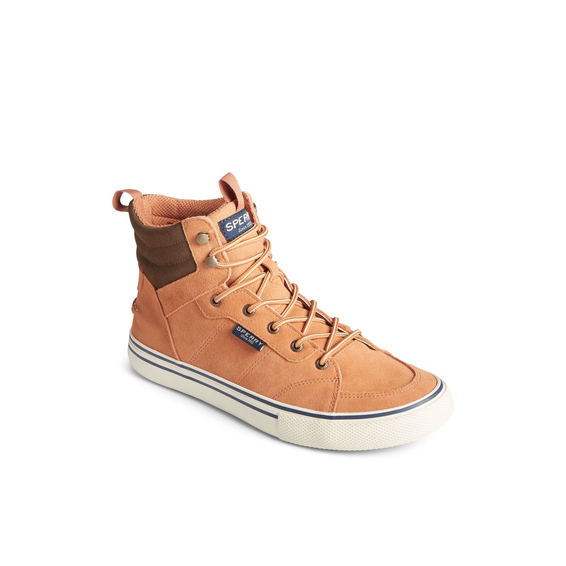 Three-quarter angle of Medium Beige Striper Storm Hiker Waterproof Sneaker Boot High Top Sneakers's front side