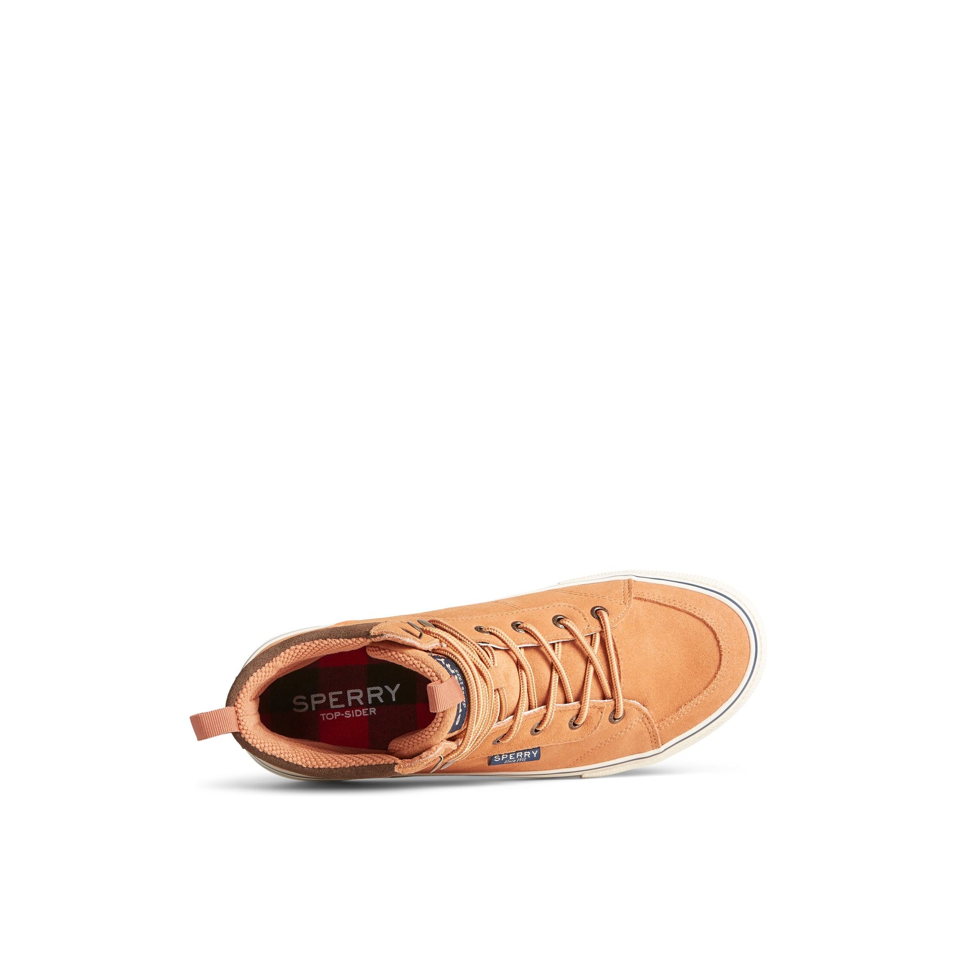 Top-down view of the Medium Beige Striper Storm Hiker Waterproof Sneaker Boot High Top Sneakers