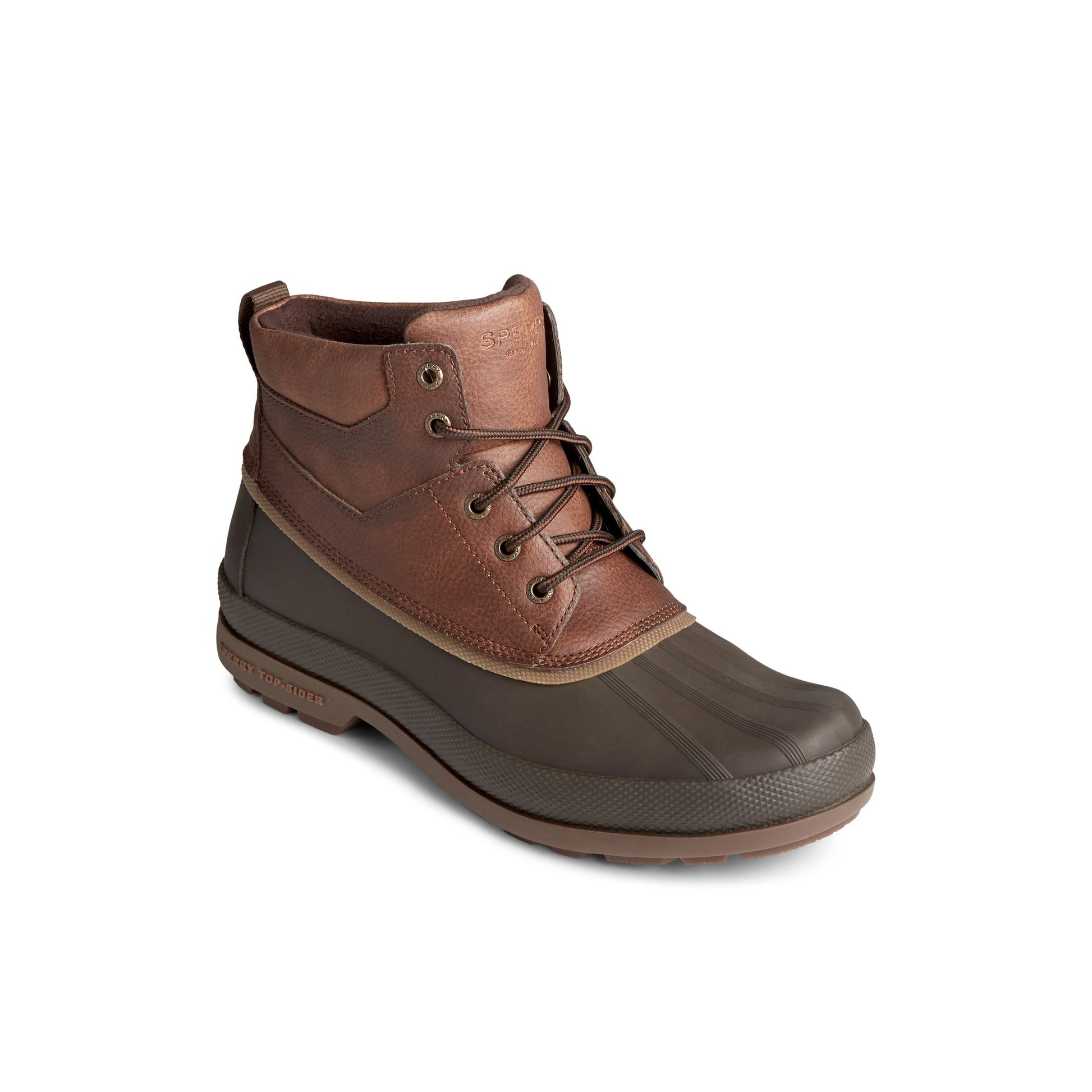 Three-quarter angle of Brown Cold Bay Thinsulate™ Water-resistant Chukka Winter Duck Boots's front side