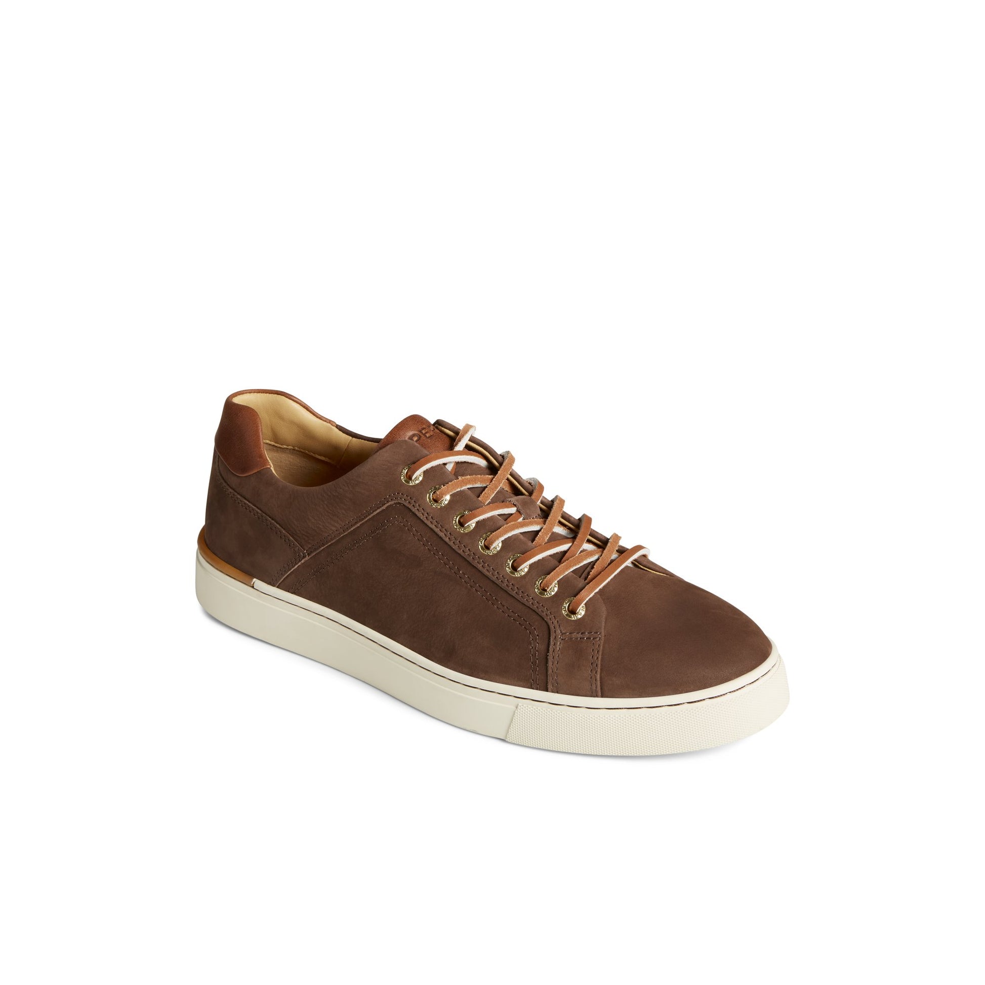 Three-quarter angle of Brown Gold Cup™ Striper LTT Sneaker Vulcanized Sneaker's front side