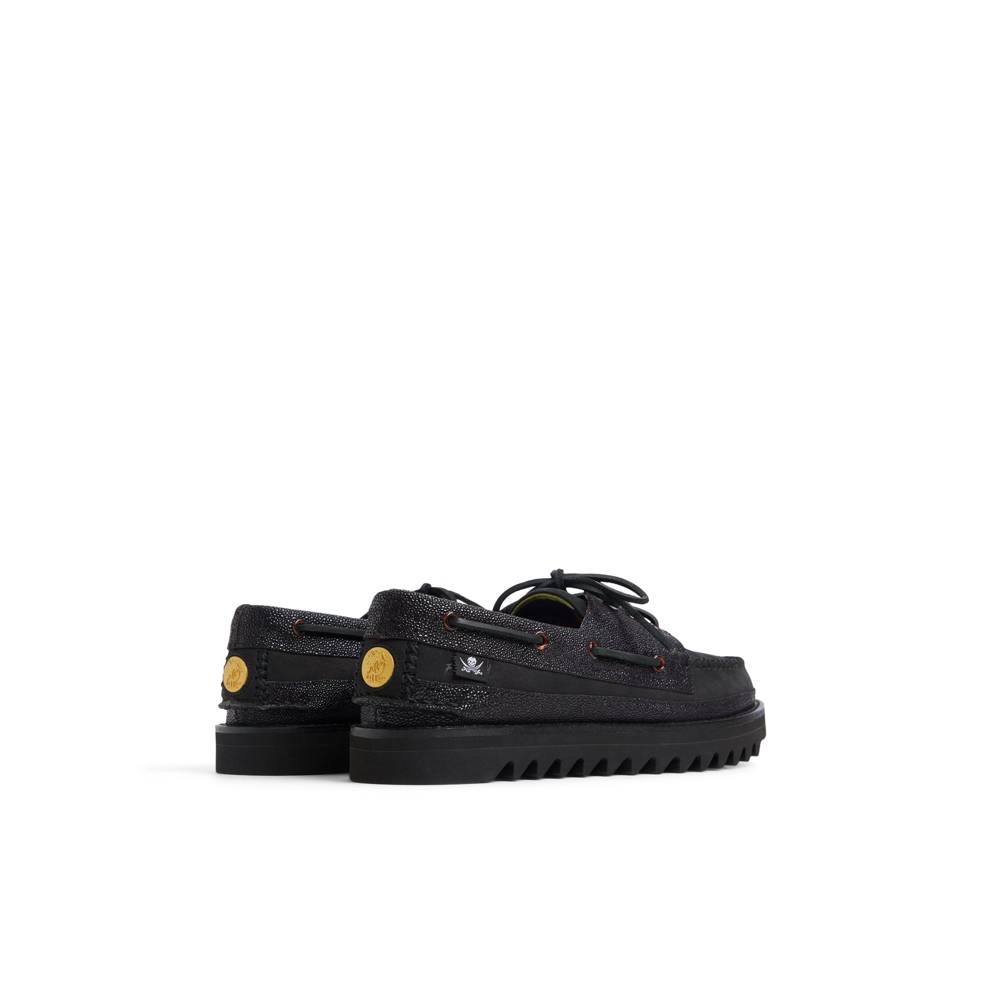 Three-quarter angle of Black Sperry by Fresh Rags Gulfstar A/O 2-Eye Boat Shoes's front side