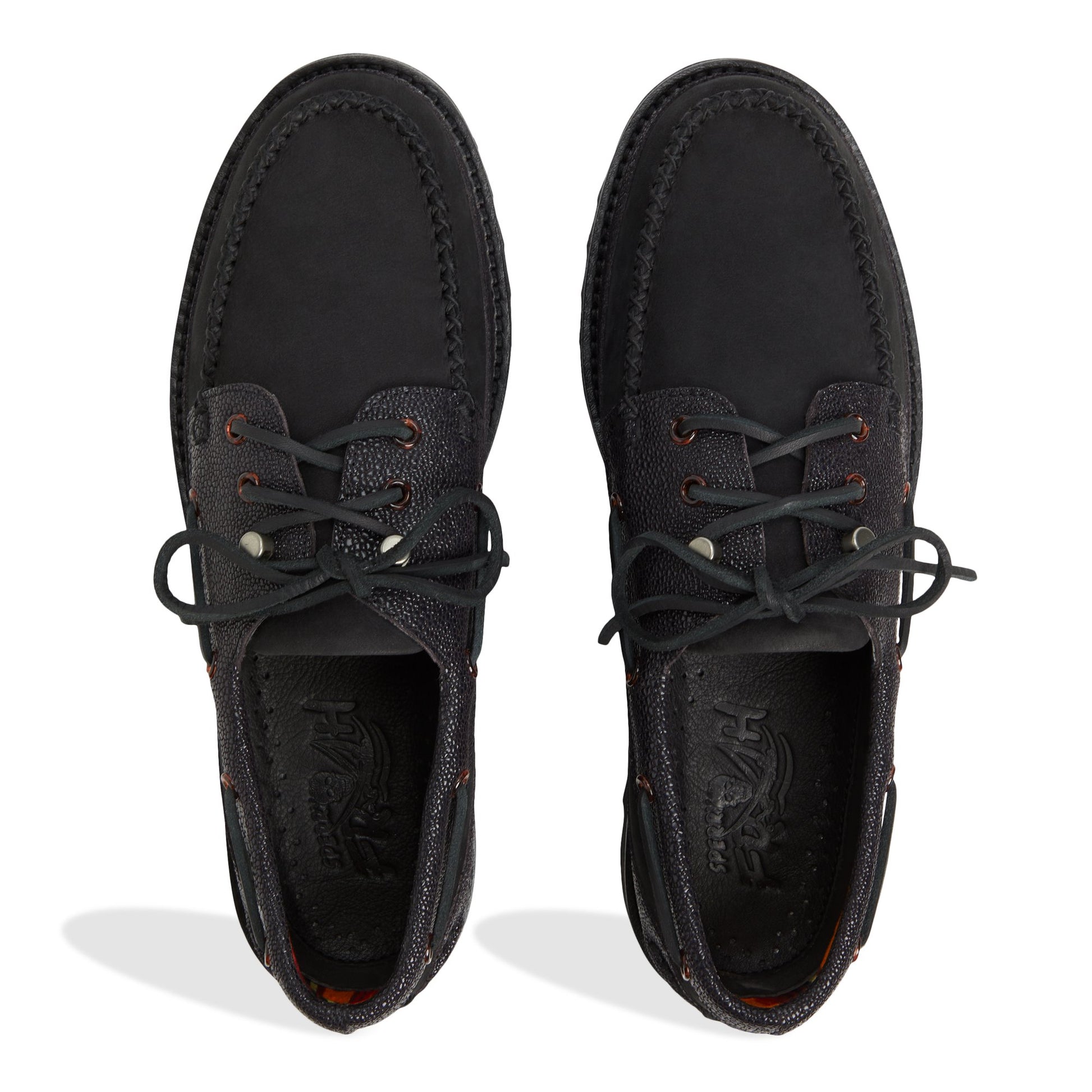 Top-down view of the Black Sperry by Fresh Rags Gulfstar A/O 2-Eye Boat Shoes