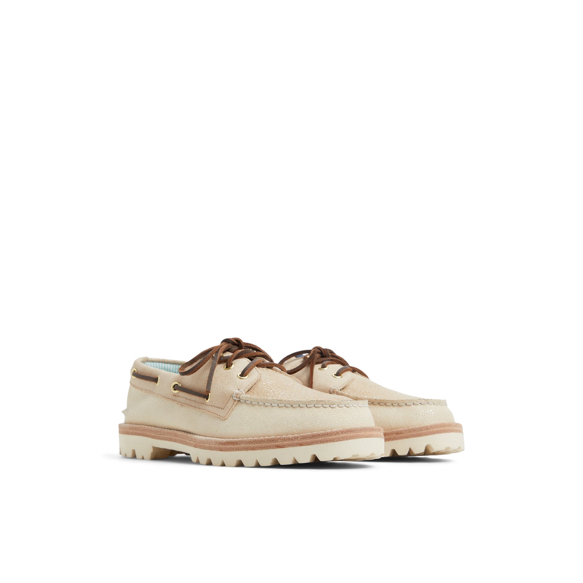 Side view of Medium Beige Sperry by Fresh Rags Harbor Ray A/O 2-Eye Boat Shoes