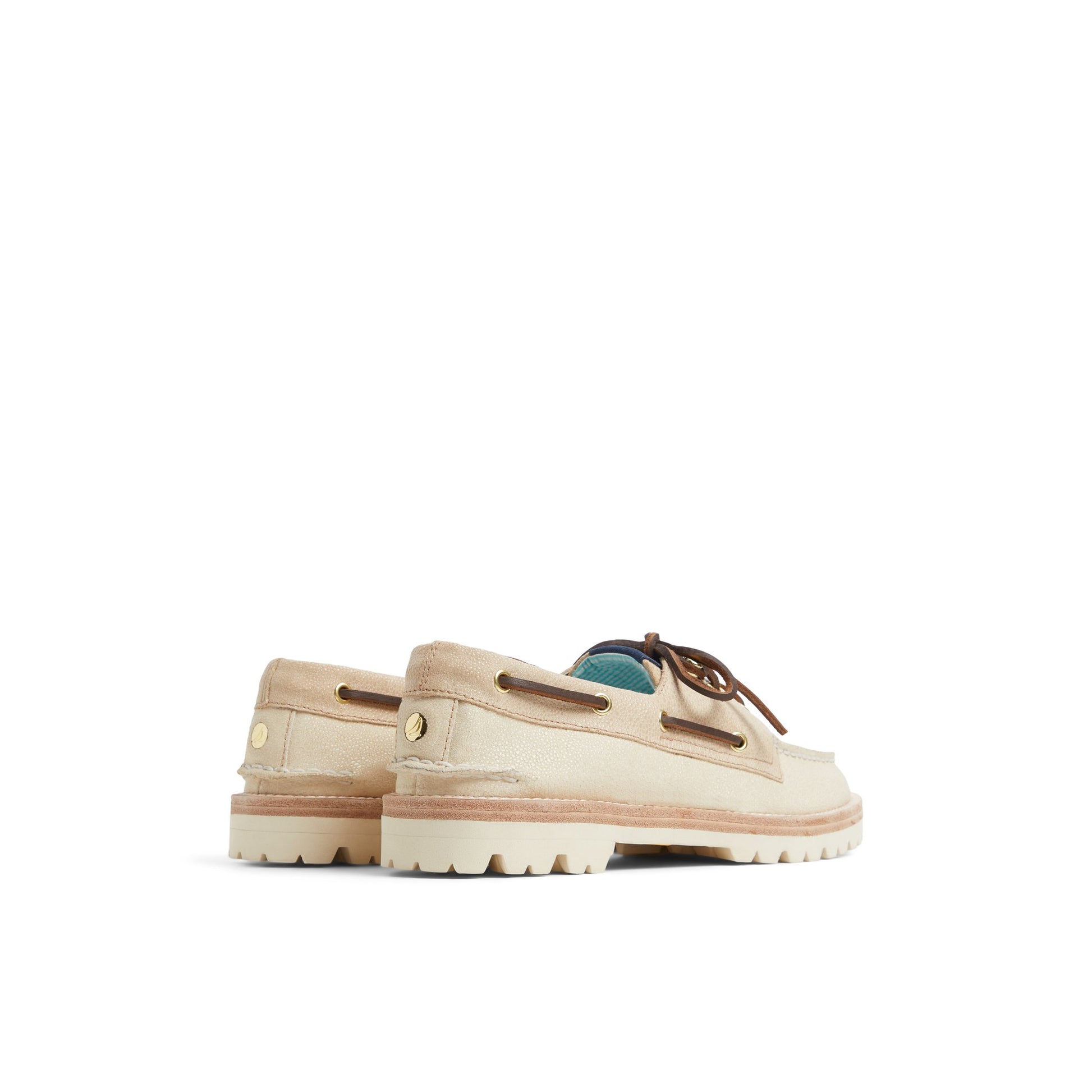 Three-quarter angle of Medium Beige Sperry by Fresh Rags Harbor Ray A/O 2-Eye Boat Shoes's front side