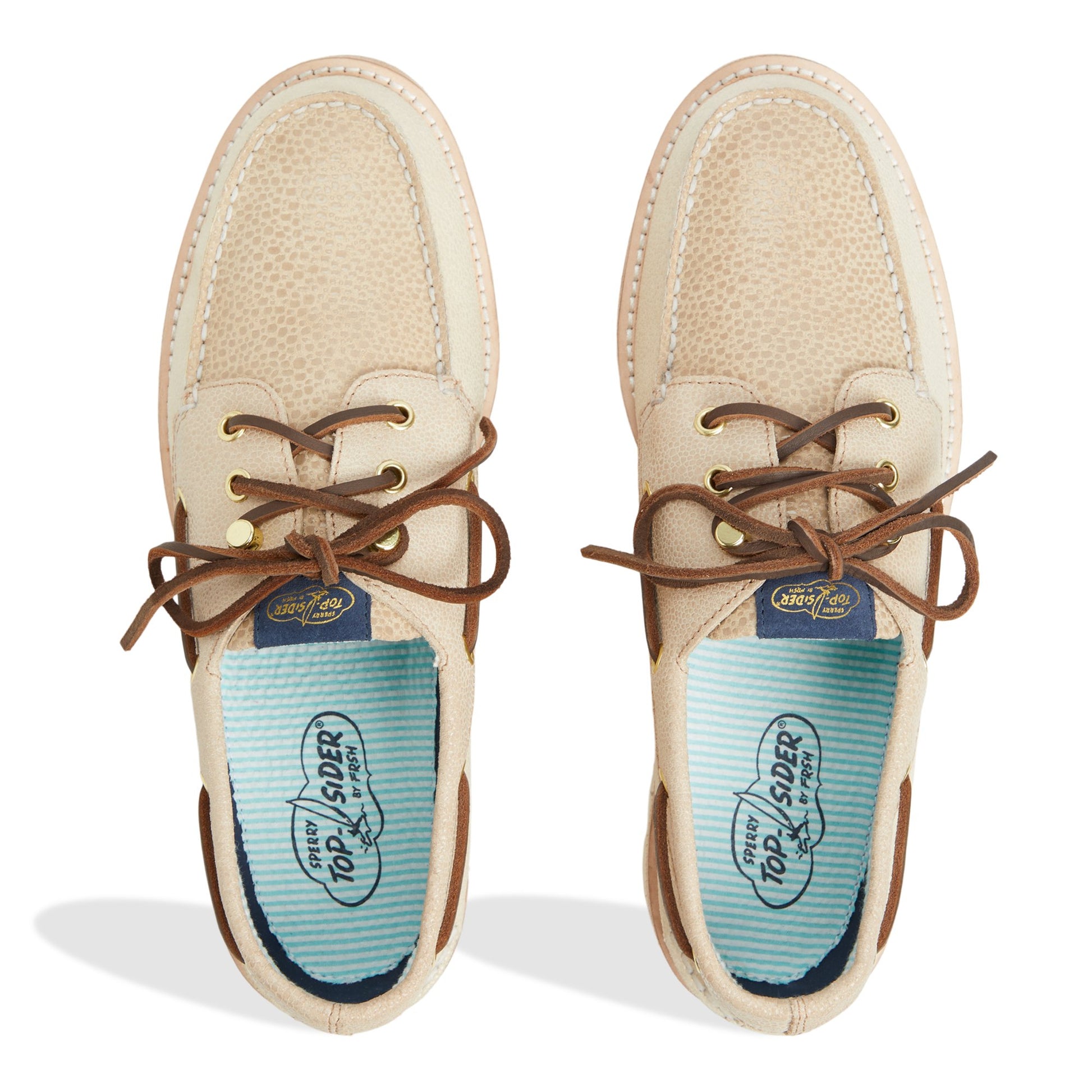 Top-down view of the Medium Beige Sperry by Fresh Rags Harbor Ray A/O 2-Eye Boat Shoes