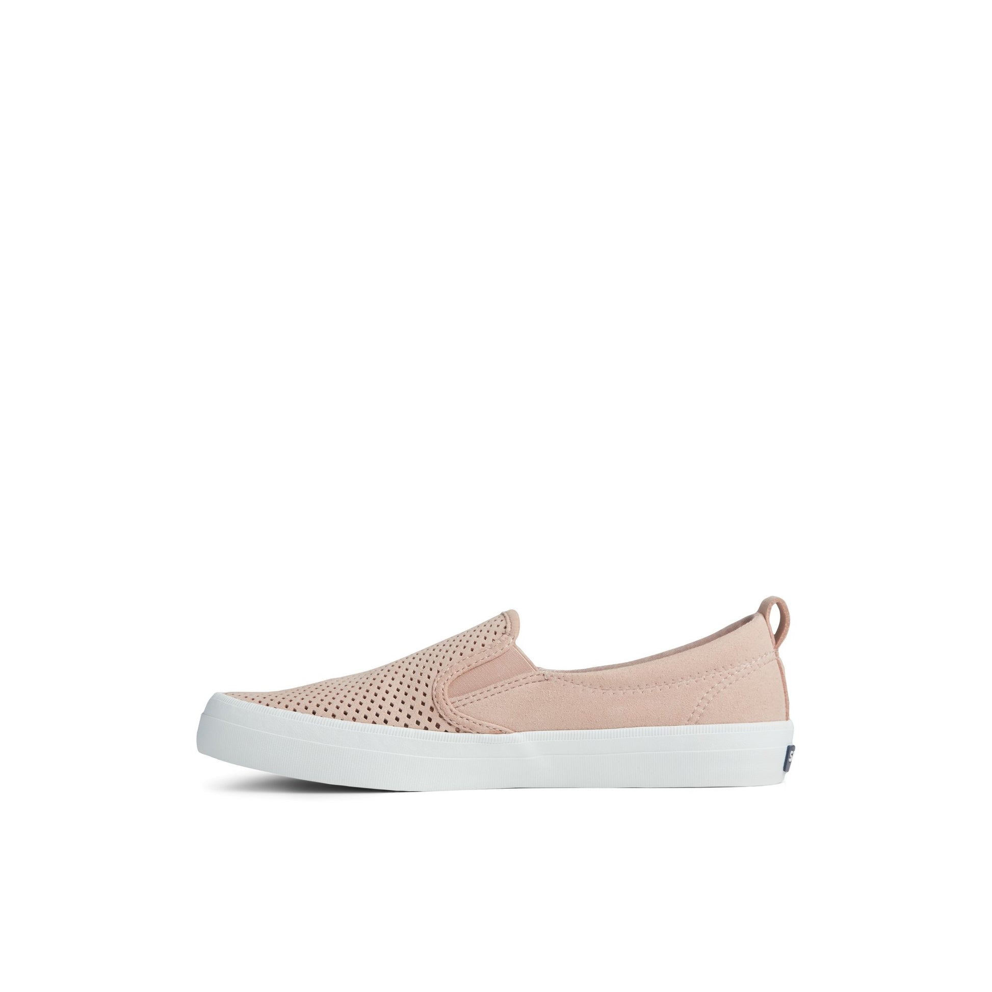 Side view of Medium Pink Crest Twin Gore Perforated Slip On Sneaker Vulcanized Sneaker