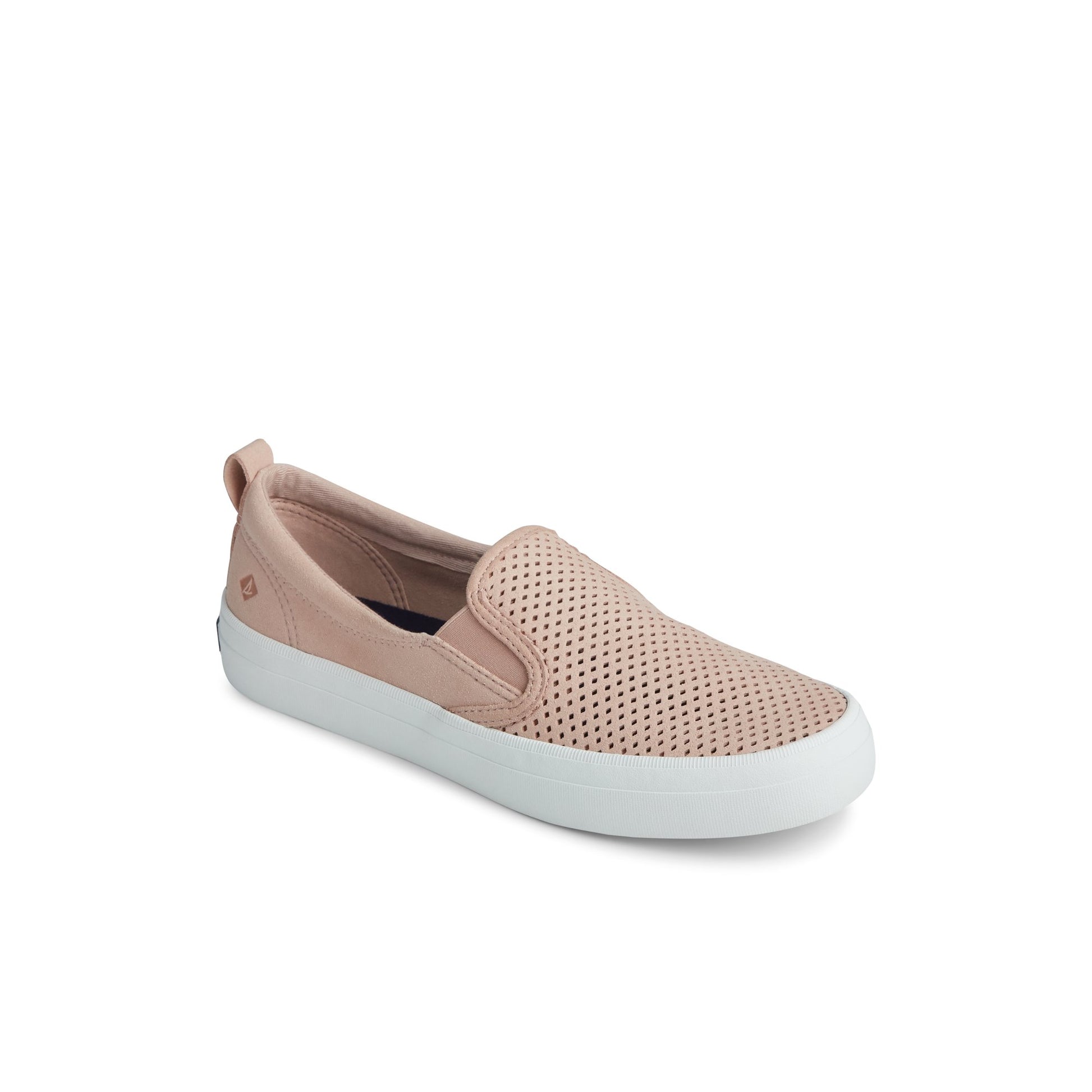 Three-quarter angle of Medium Pink Crest Twin Gore Perforated Slip On Sneaker Vulcanized Sneaker's front side
