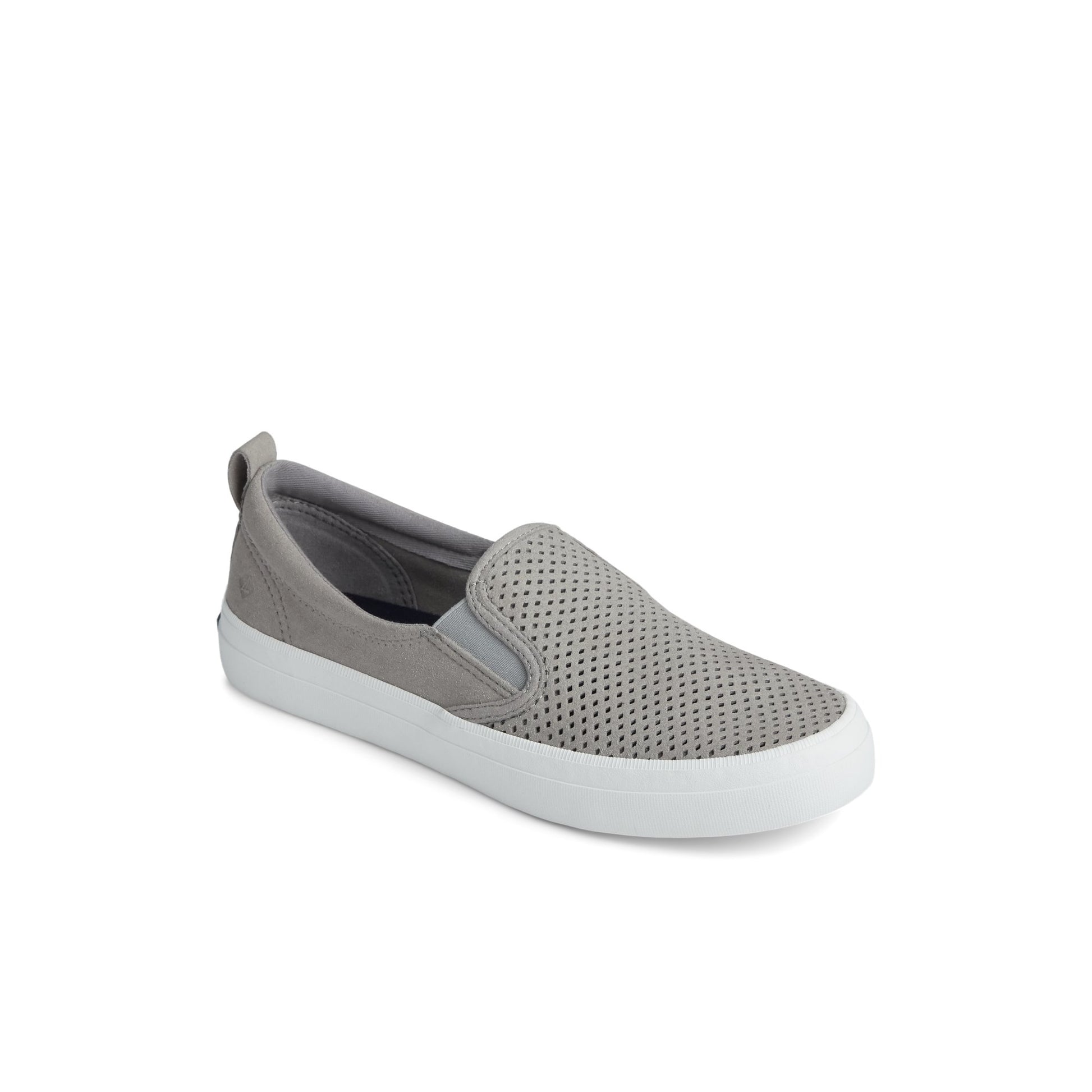 Three-quarter angle of Grey Crest Twin Gore Perforated Slip On Sneaker Vulcanized Sneaker's front side