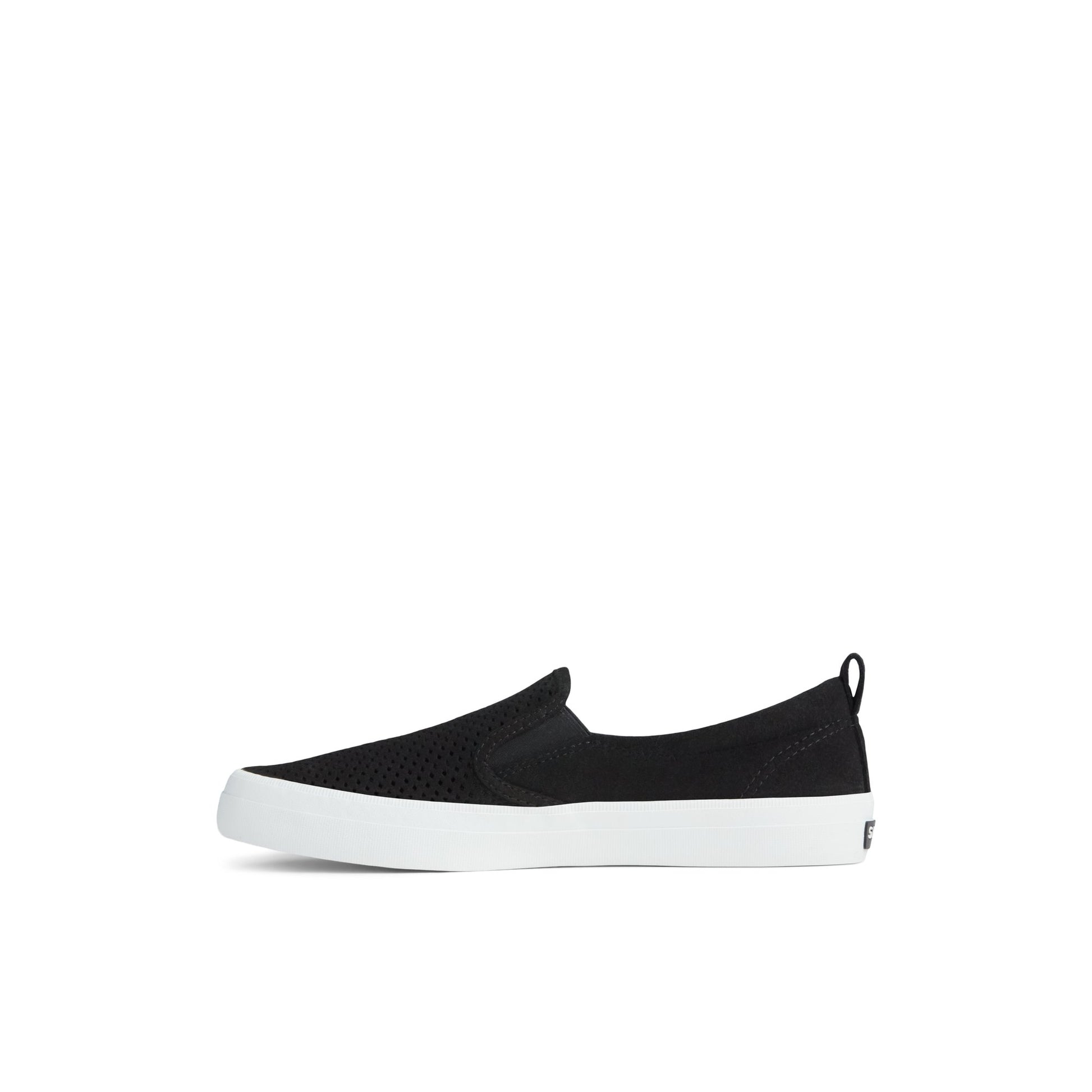 Side view of Black Crest Twin Gore Perforated Slip On Sneaker Vulcanized Sneaker