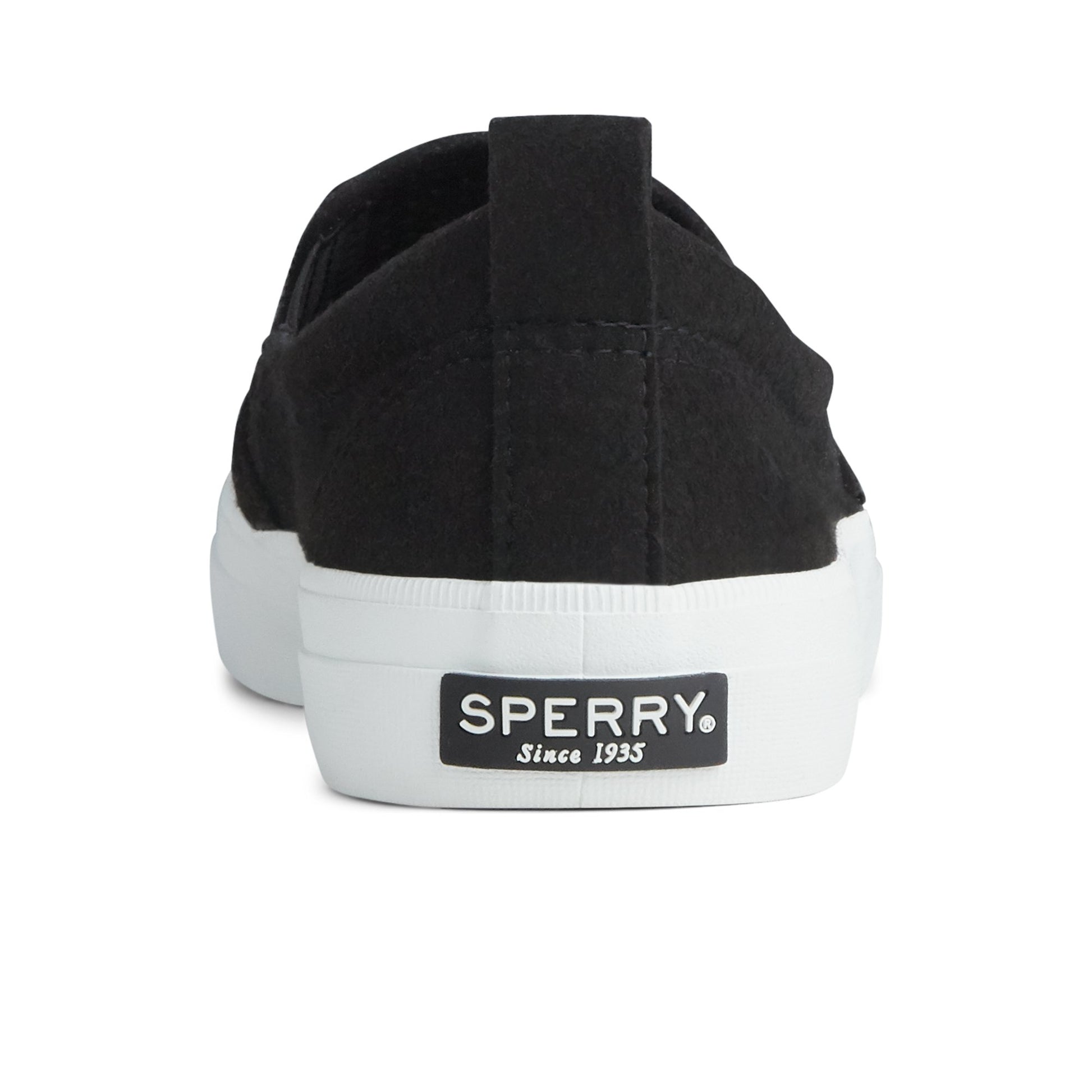Close-up of the Black Crest Twin Gore Perforated Slip On Sneaker Vulcanized Sneaker