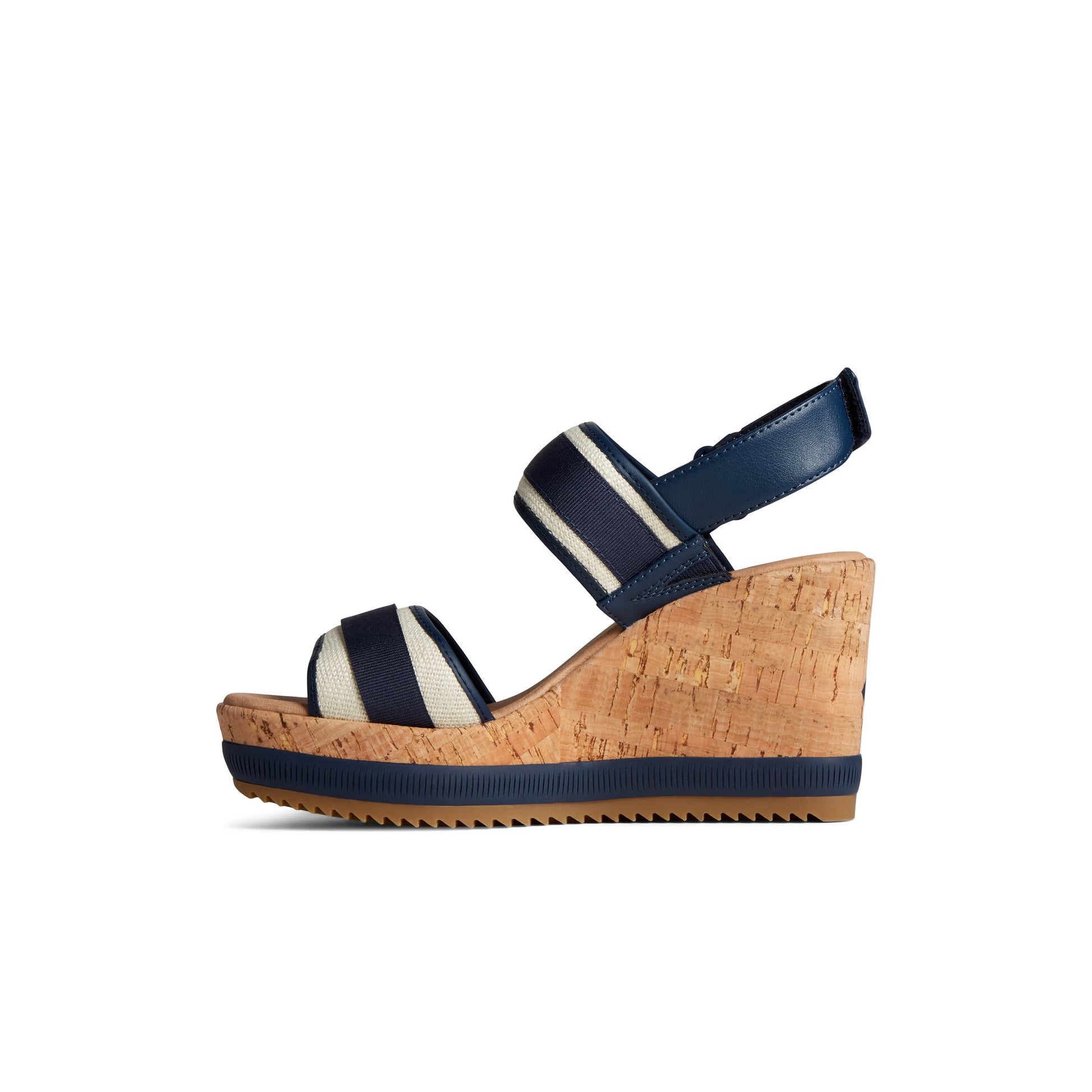 Side view of Navy Kennedy Wedge Strappy Wedge Sandals