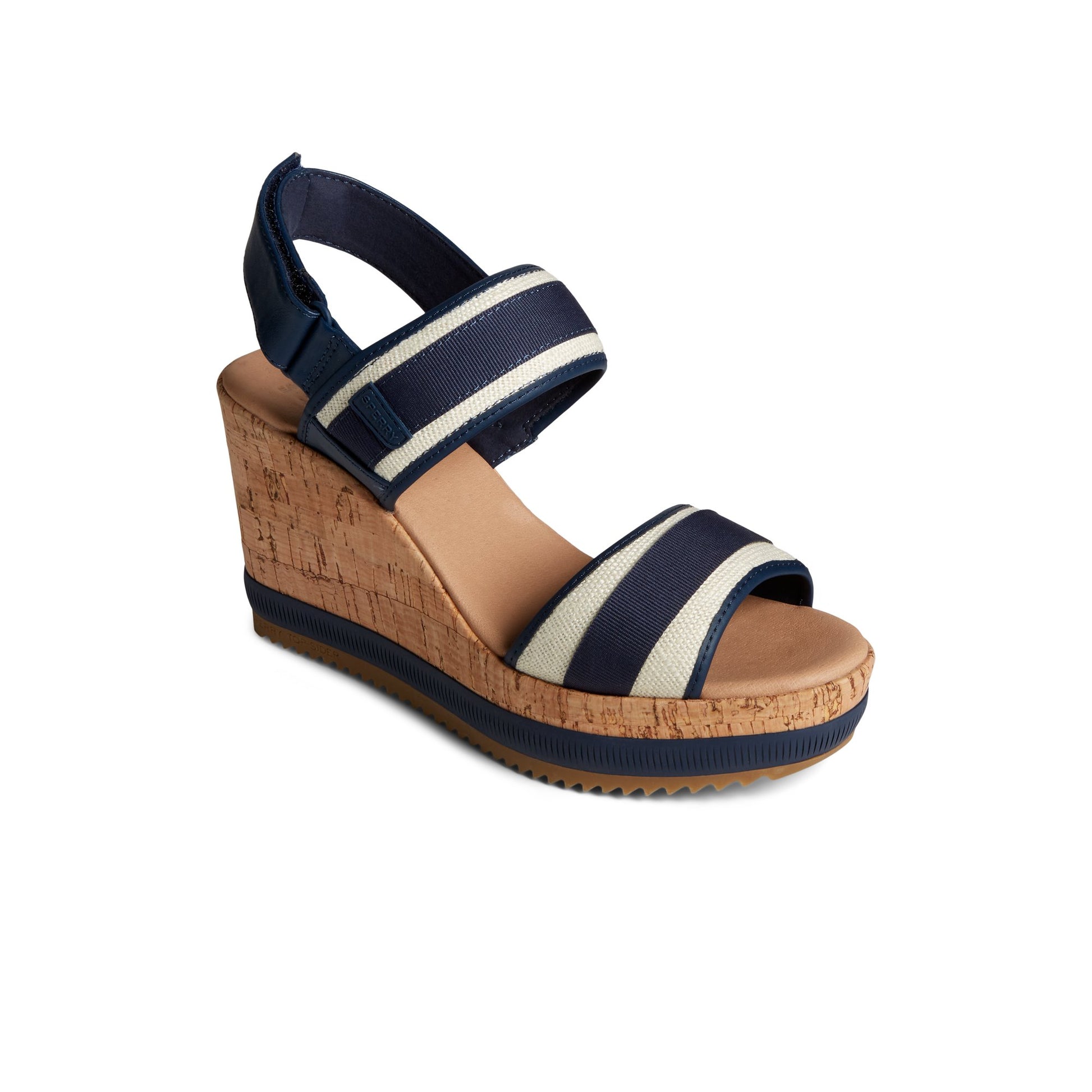 Three-quarter angle of Navy Kennedy Wedge Strappy Wedge Sandals's front side