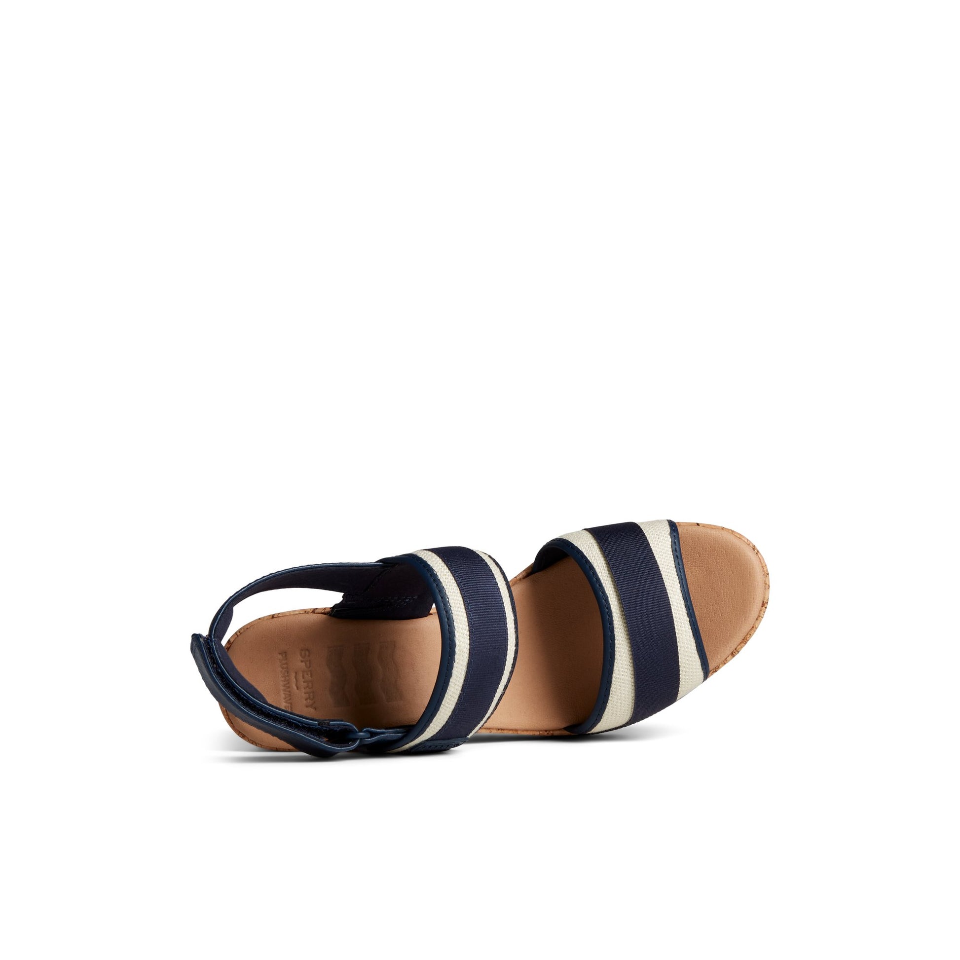 Top-down view of the Navy Kennedy Wedge Strappy Wedge Sandals