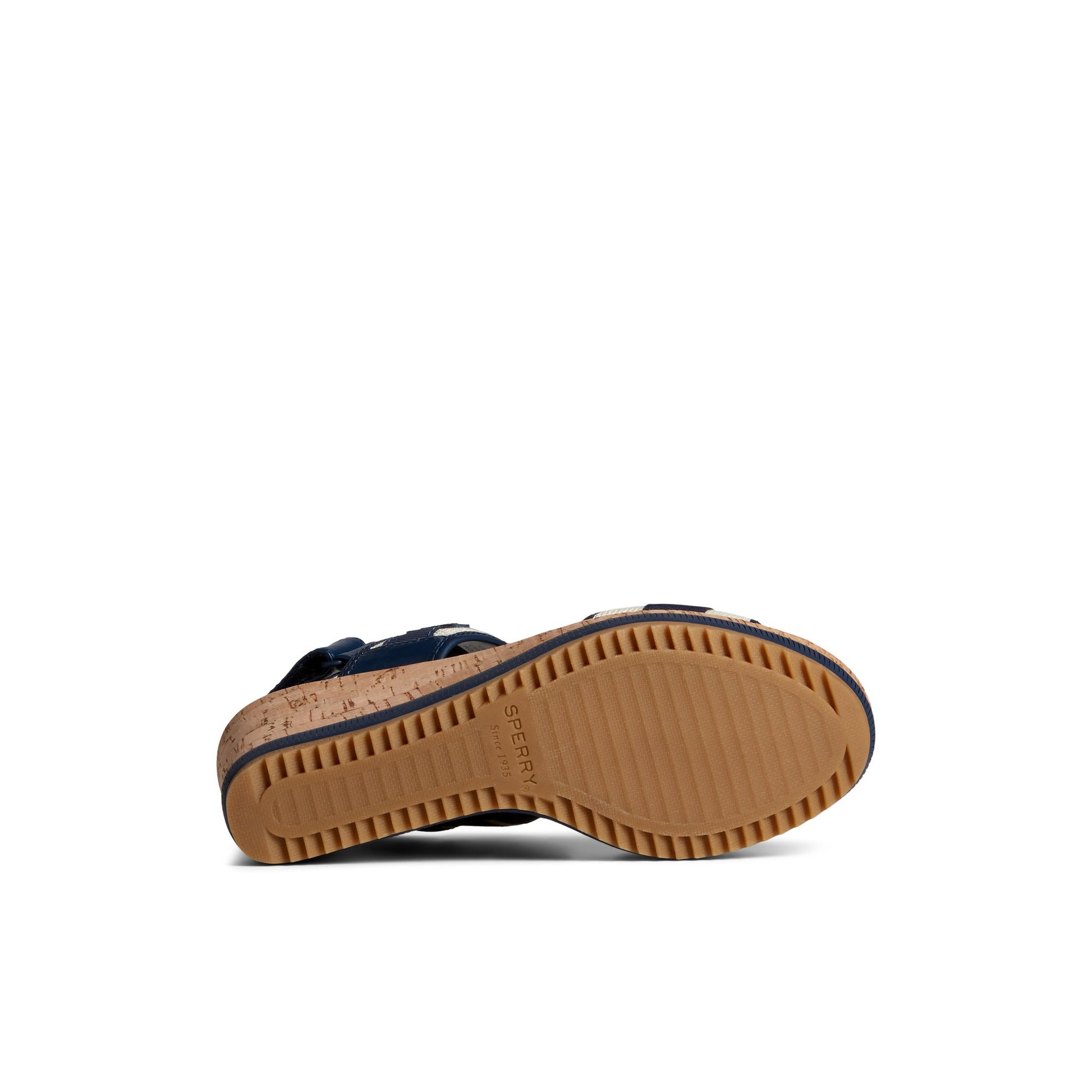View of Navy Kennedy Wedge Strappy Wedge Sandals's sole