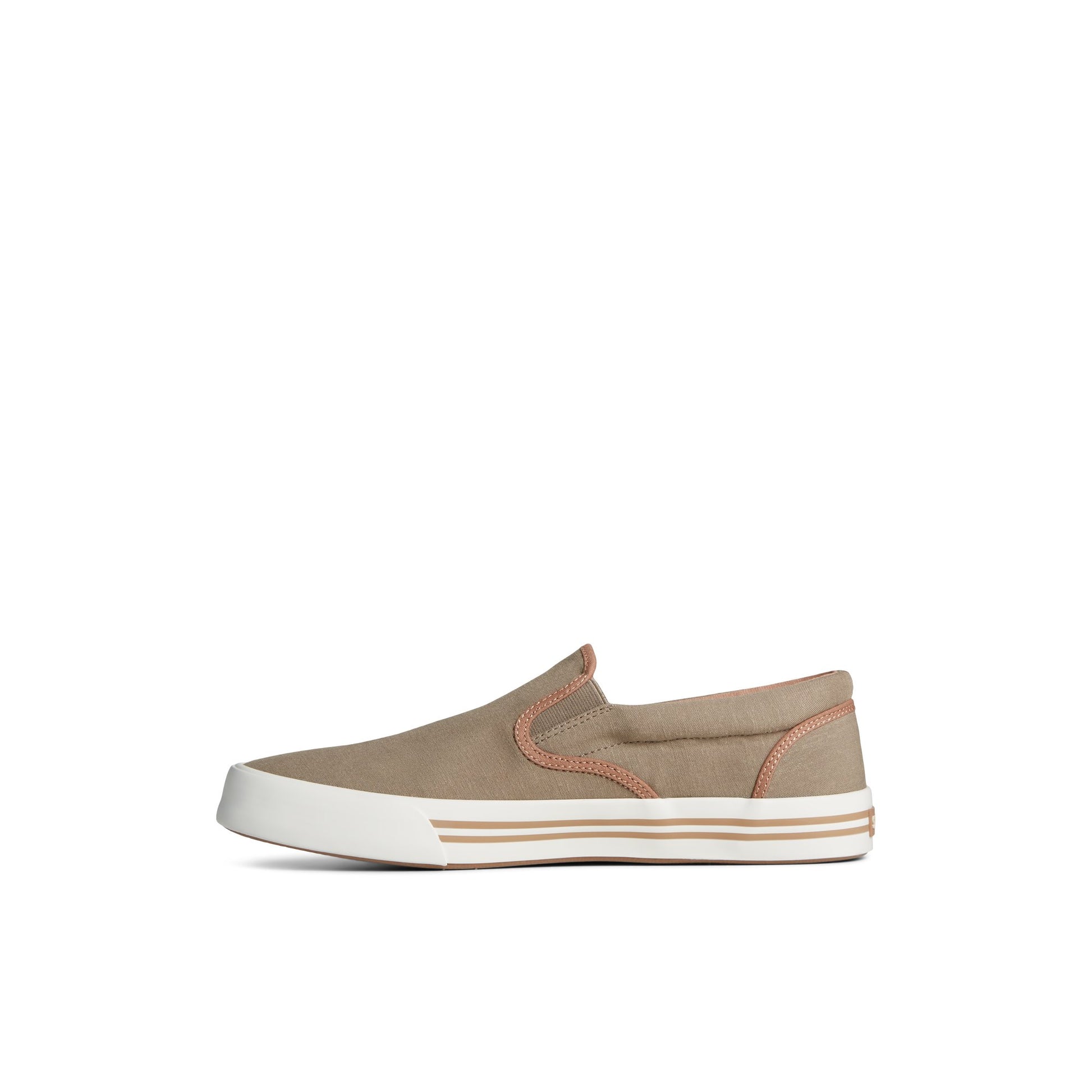 Side view of Medium Beige Striper II Linen Slip On Sneaker Vulcanized Slip-on Sneaker