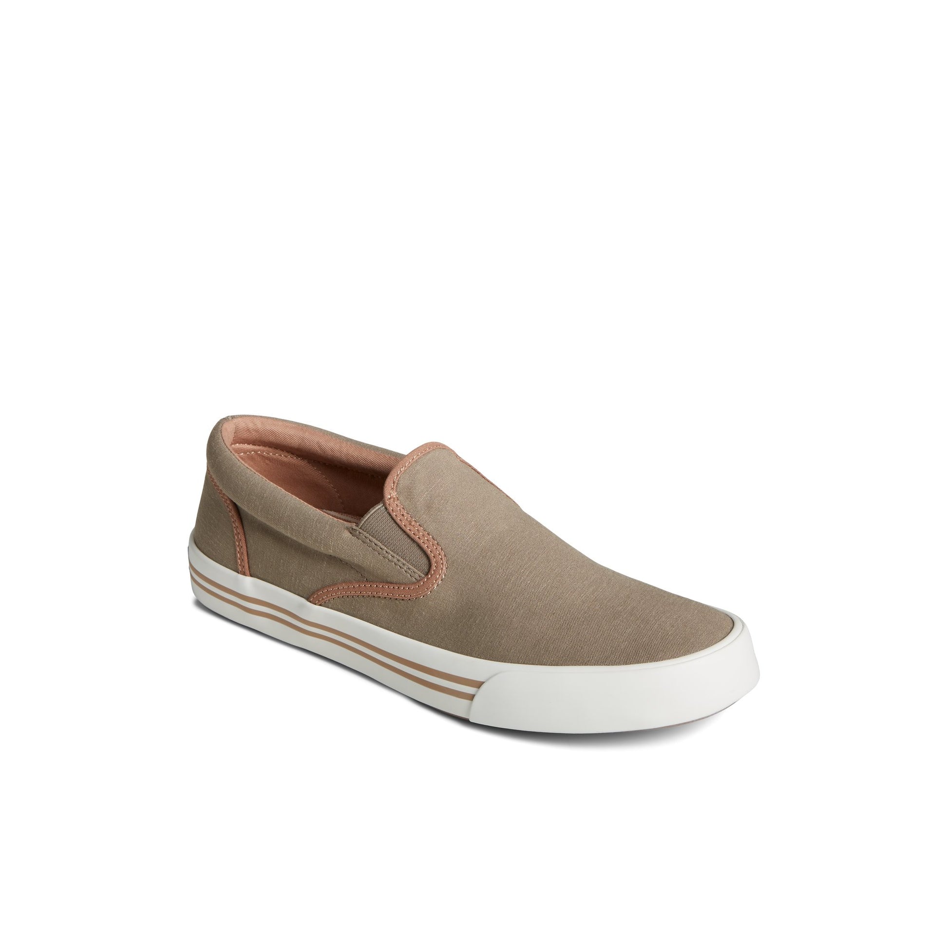 Three-quarter angle of Medium Beige Striper II Linen Slip On Sneaker Vulcanized Slip-on Sneaker's front side
