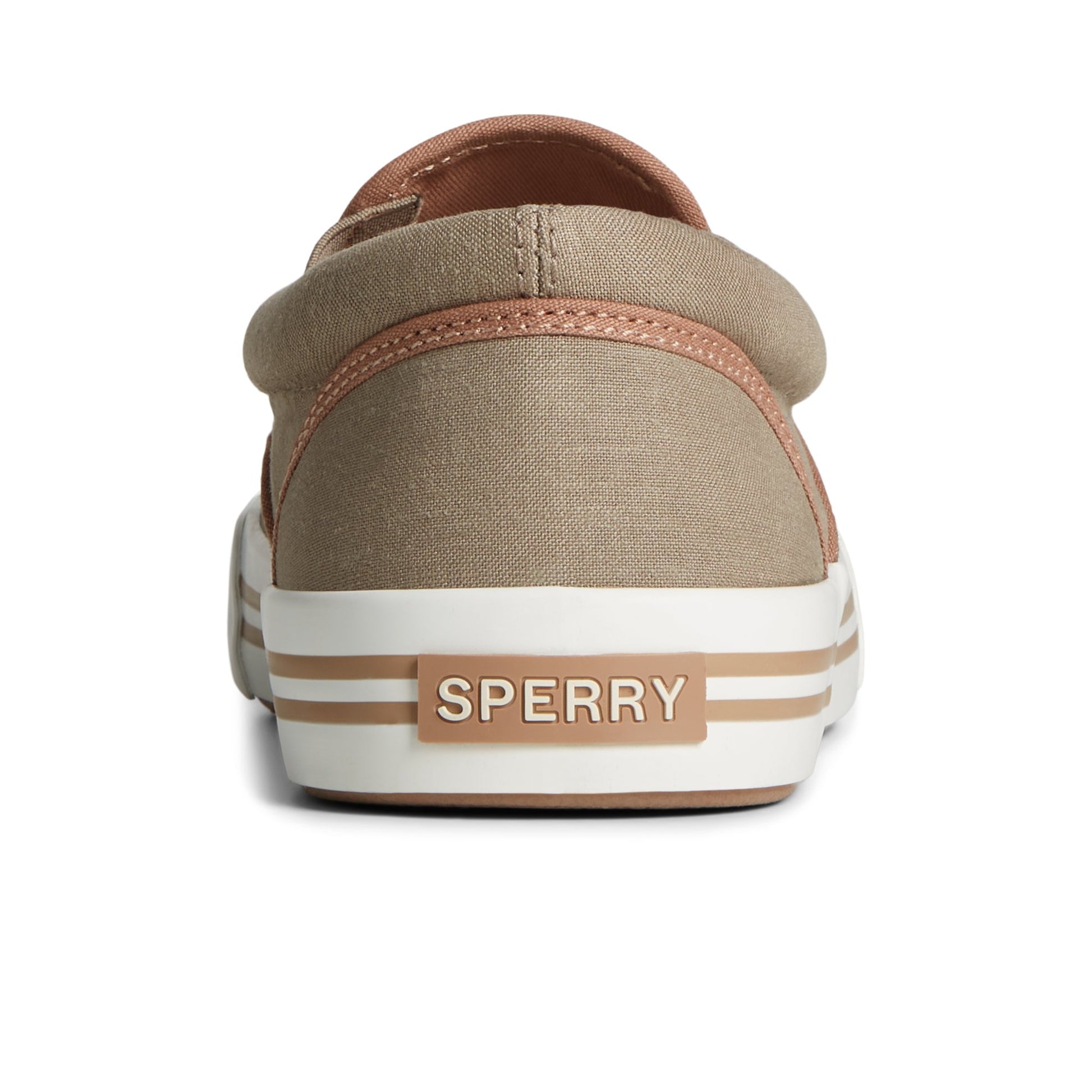 Close-up of the Medium Beige Striper II Linen Slip On Sneaker Vulcanized Slip-on Sneaker