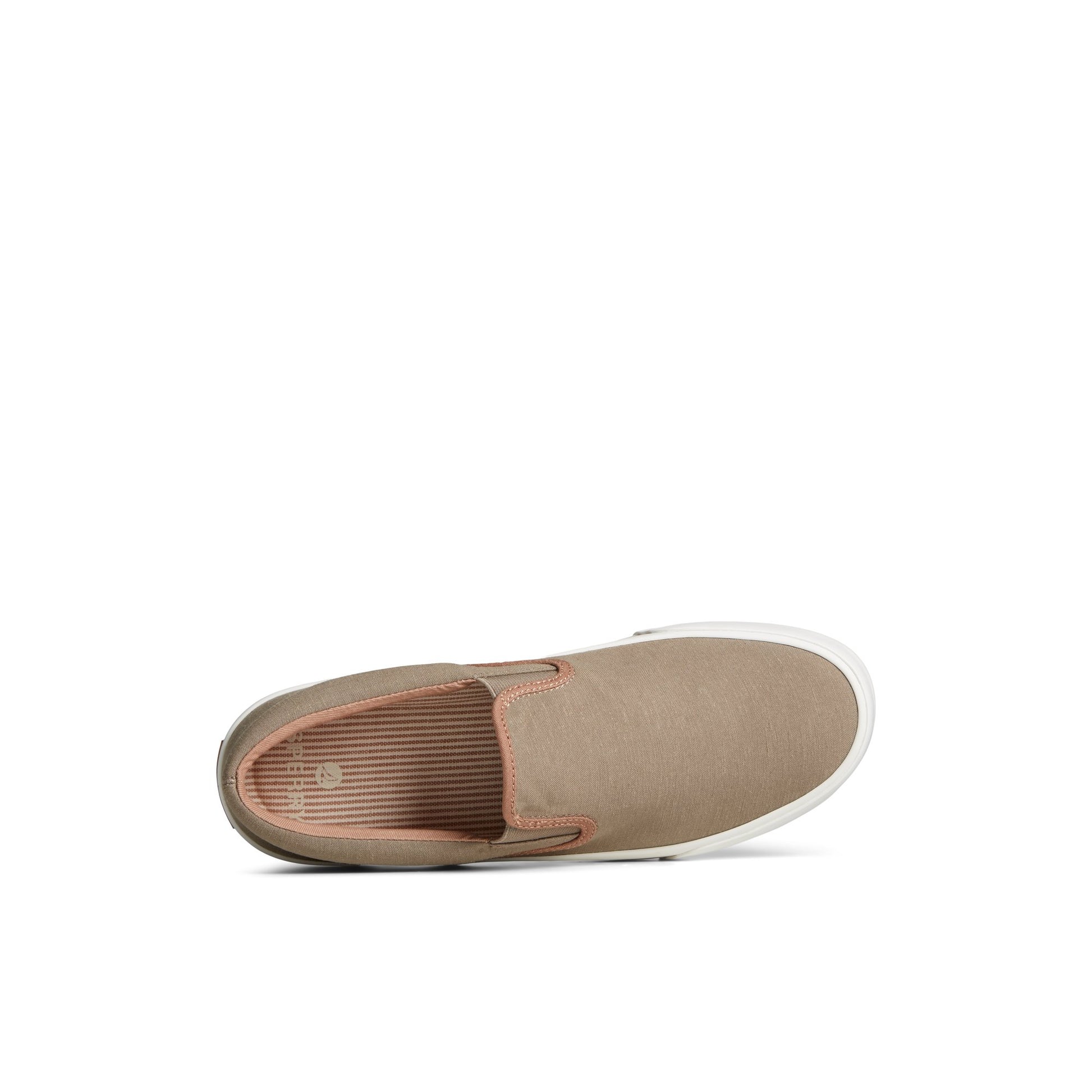 Top-down view of the Medium Beige Striper II Linen Slip On Sneaker Vulcanized Slip-on Sneaker