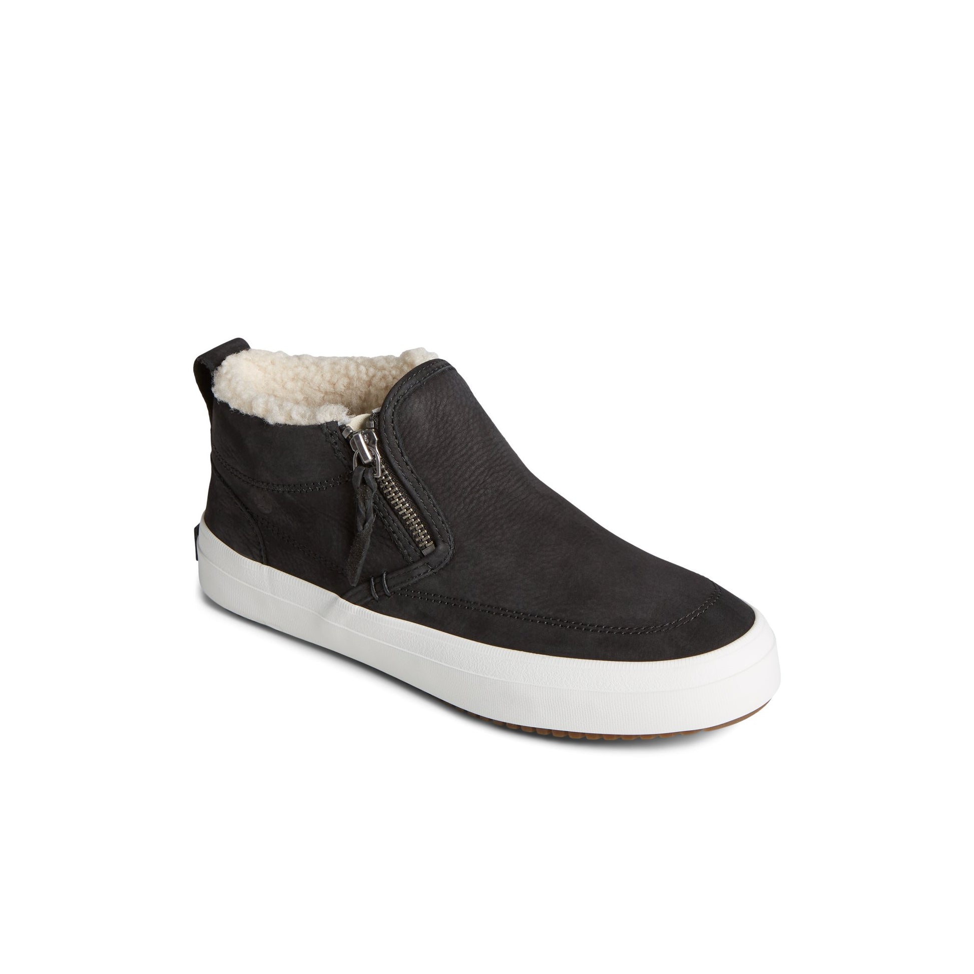 Three-quarter angle of Black Crest Side Zip Cozy Sneaker Sneaker Boots's front side